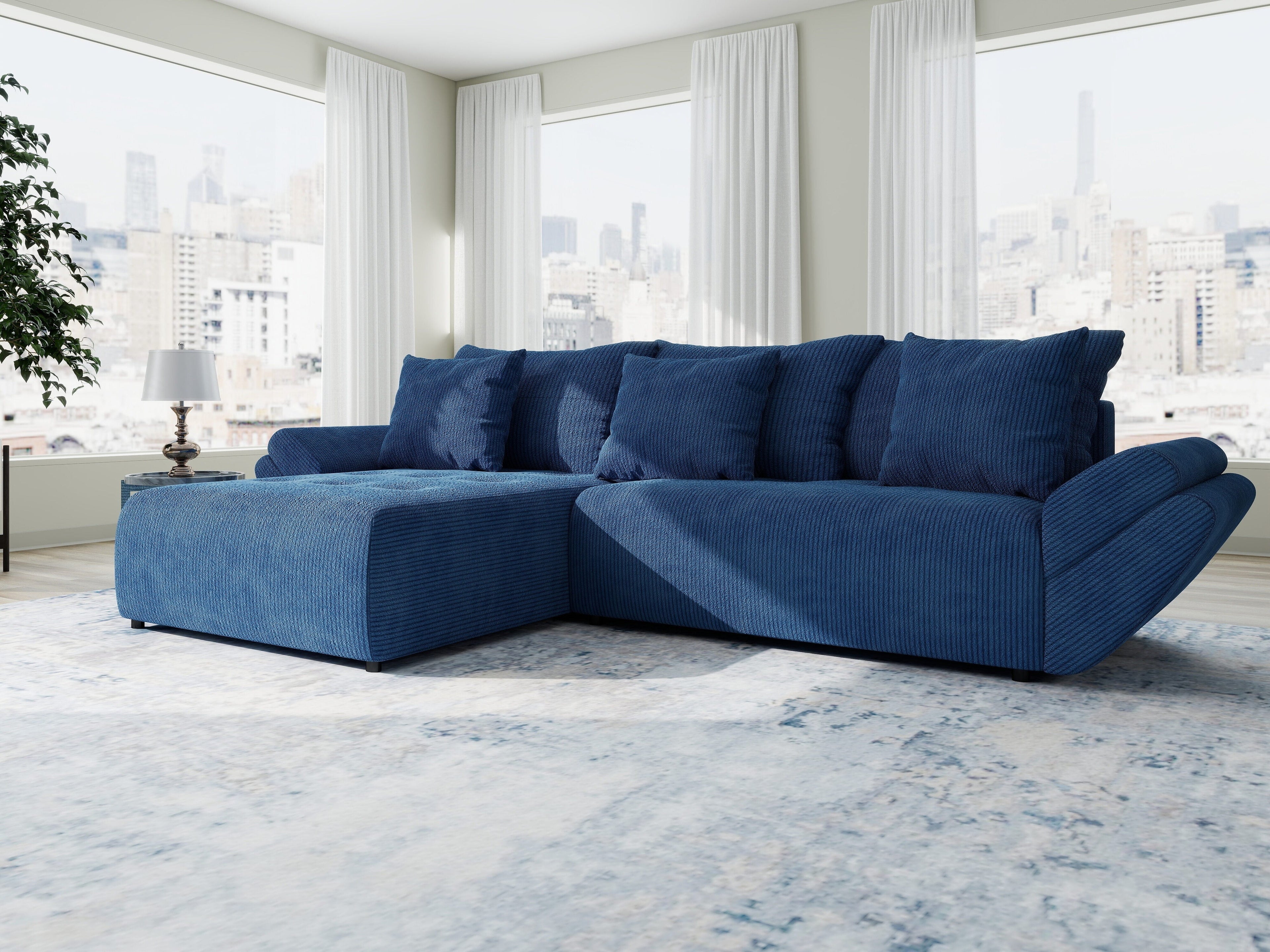 Colțar extensibil dumonde cu ladă de depozitare si sezut confortabil din spuma high-density, Berlin Zoom Albastru 280x185 cm