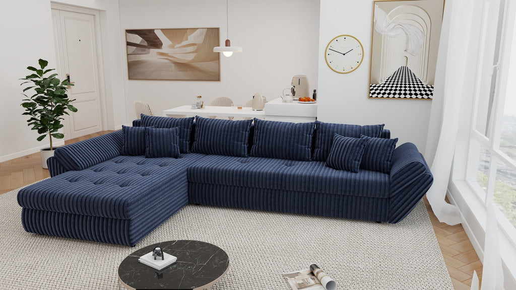 Colțar extensibil dumonde cu ladă de depozitare si sezut confortabil din spuma high-density, Loana XL Tilia Albastru 335x185 cm