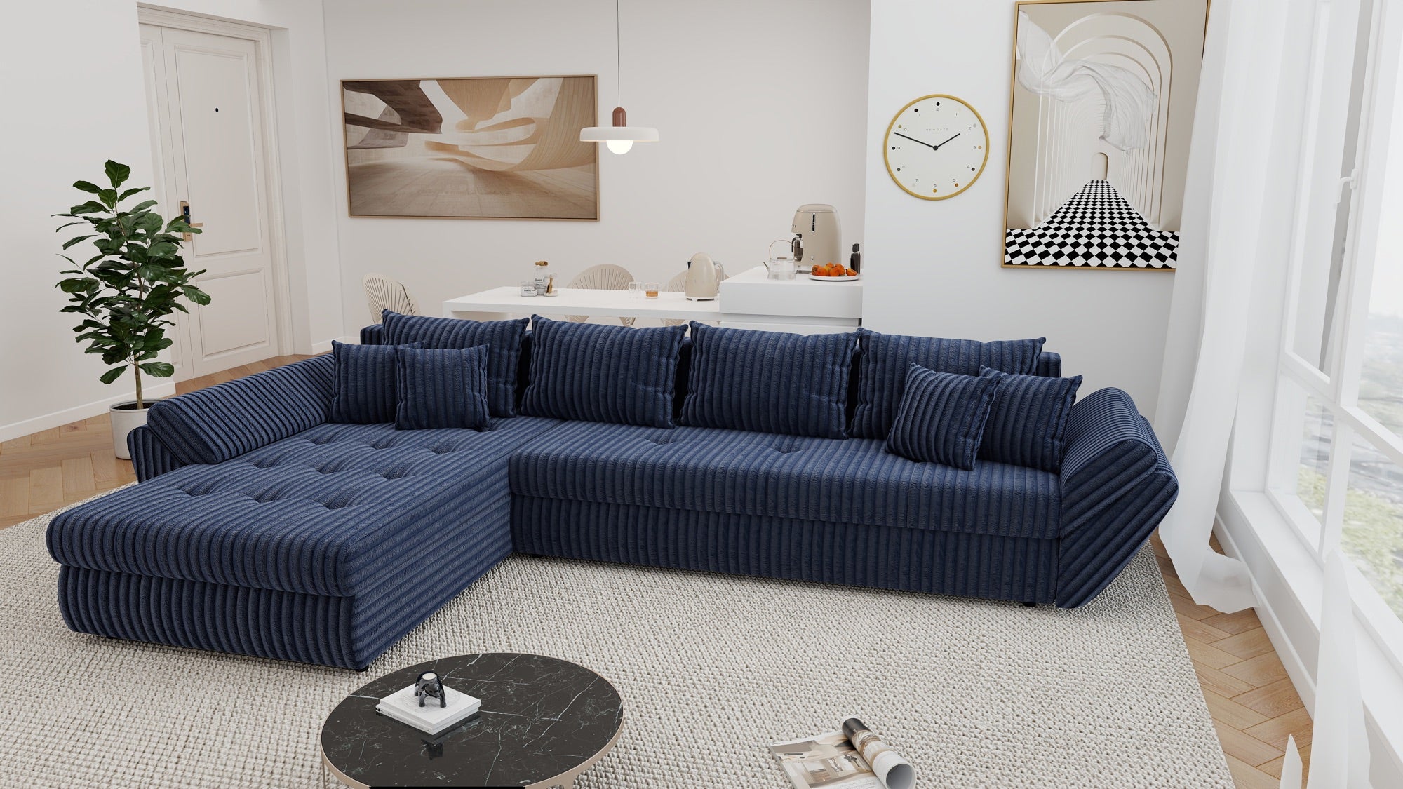 Colțar extensibil dumonde cu ladă de depozitare si sezut confortabil din spuma high-density, Loana XL Tilia Albastru 335x185 cm