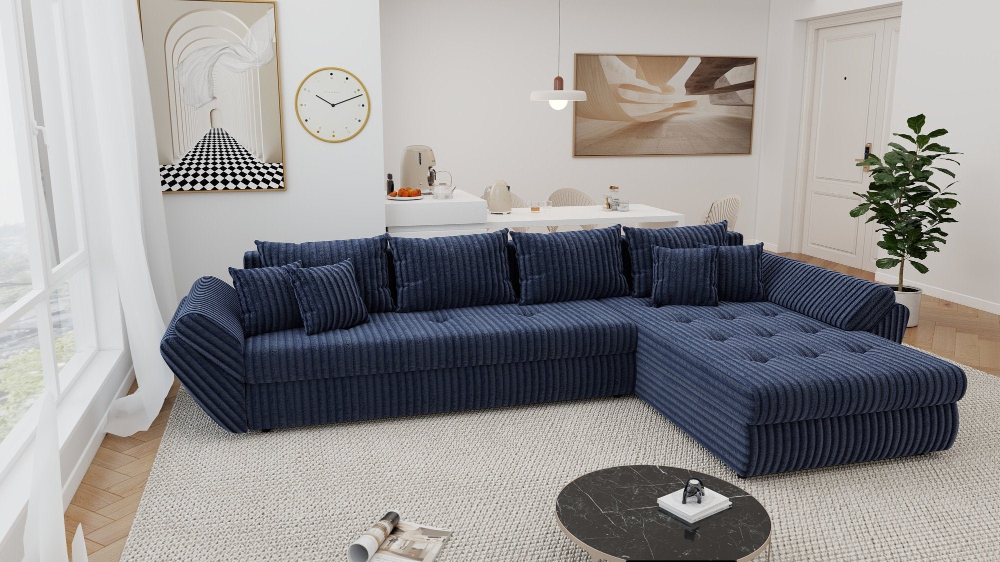 Colțar extensibil dumonde cu ladă de depozitare si sezut confortabil din spuma high-density, Loana XL Tilia Albastru II 335x185 cm