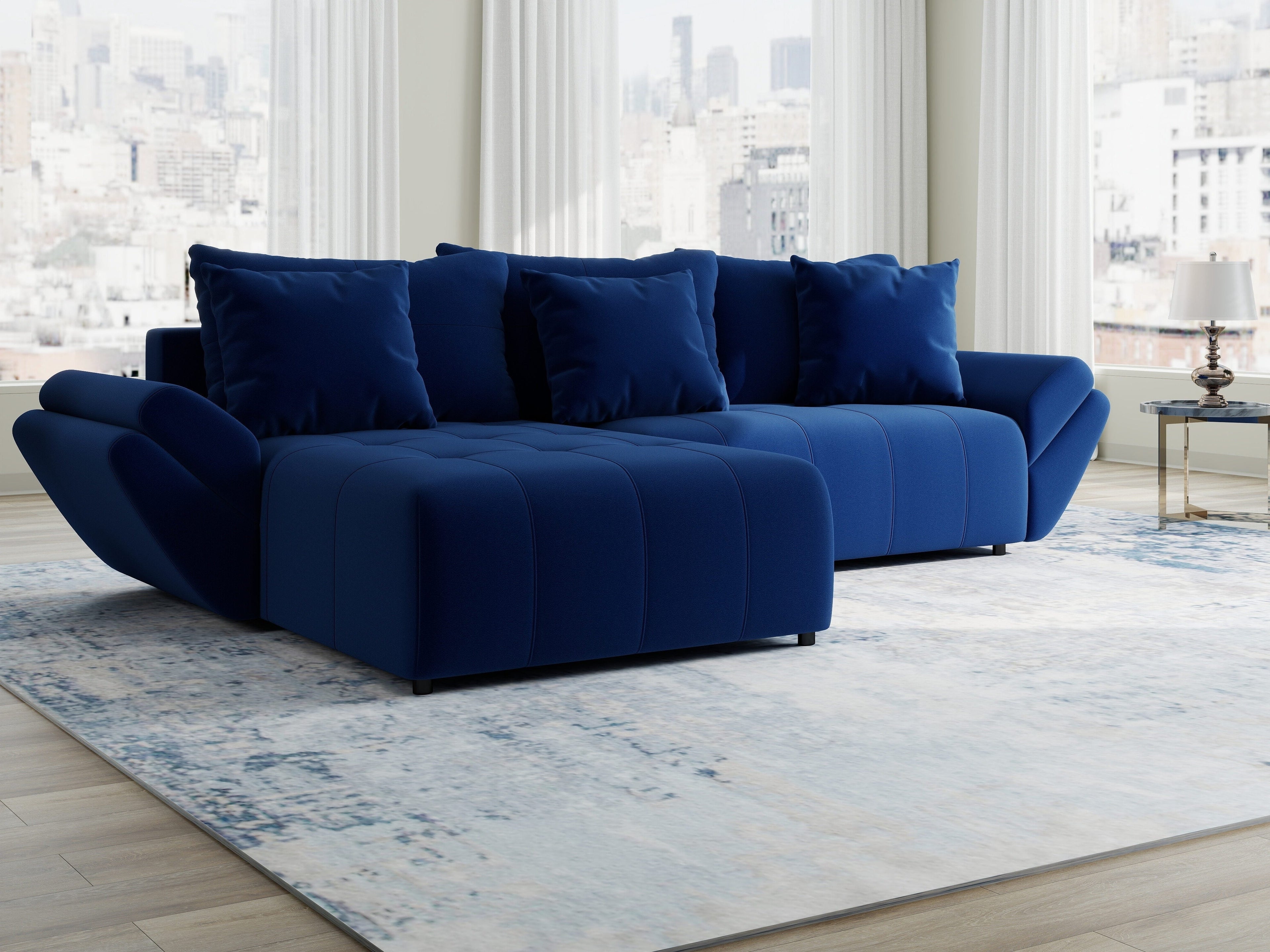 Colțar extensibil dumonde cu ladă de depozitare si sezut confortabil din spuma high-density, Berlin Royal Albastru Navy 280x185 cm