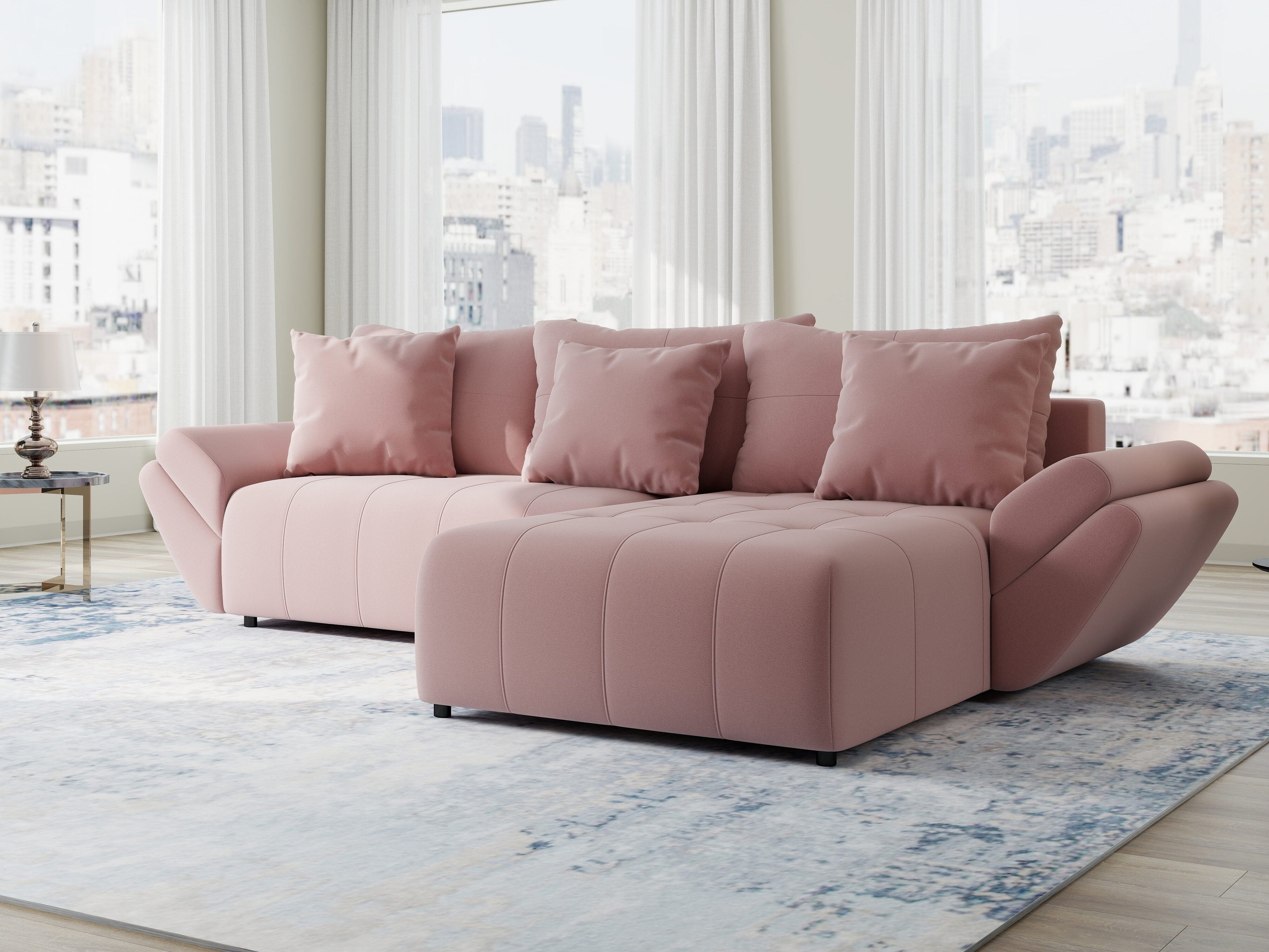 Colțar extensibil dumonde cu ladă de depozitare si sezut confortabil din spuma high-density, Berlin Royal Roz 280x185 cm II