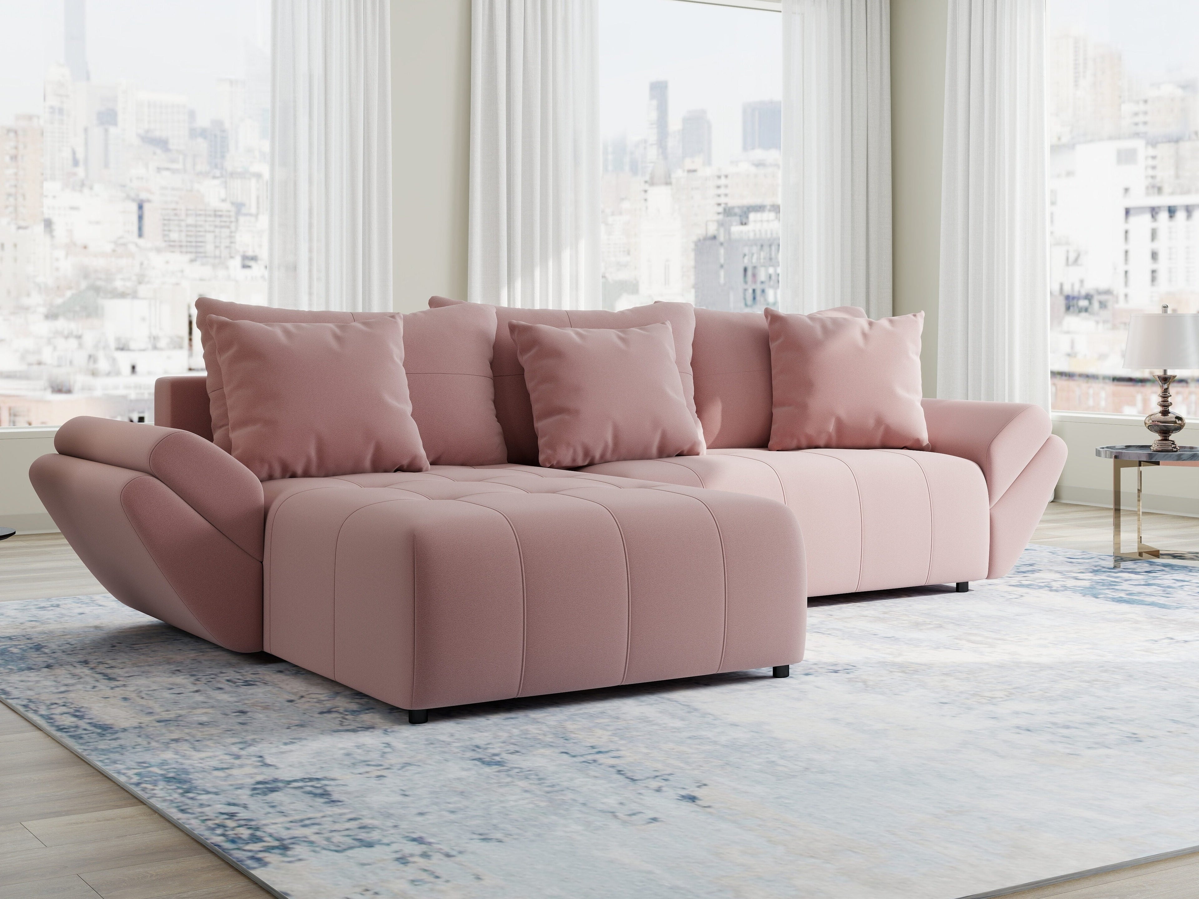 Colțar extensibil dumonde cu ladă de depozitare si sezut confortabil din spuma high-density, Berlin Royal Roz 280x185 cm