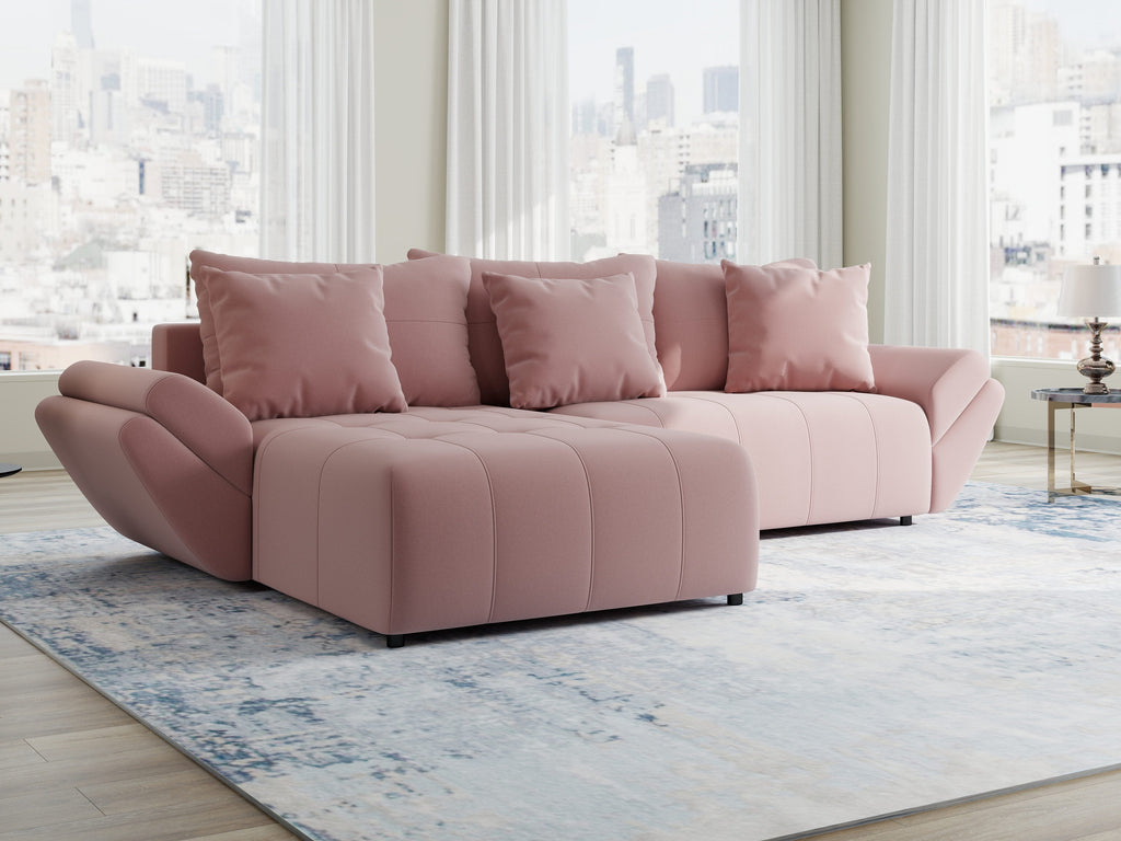 Colțar extensibil dumonde cu ladă de depozitare si sezut confortabil din spuma high-density, Berlin Royal Roz 280x185 cm