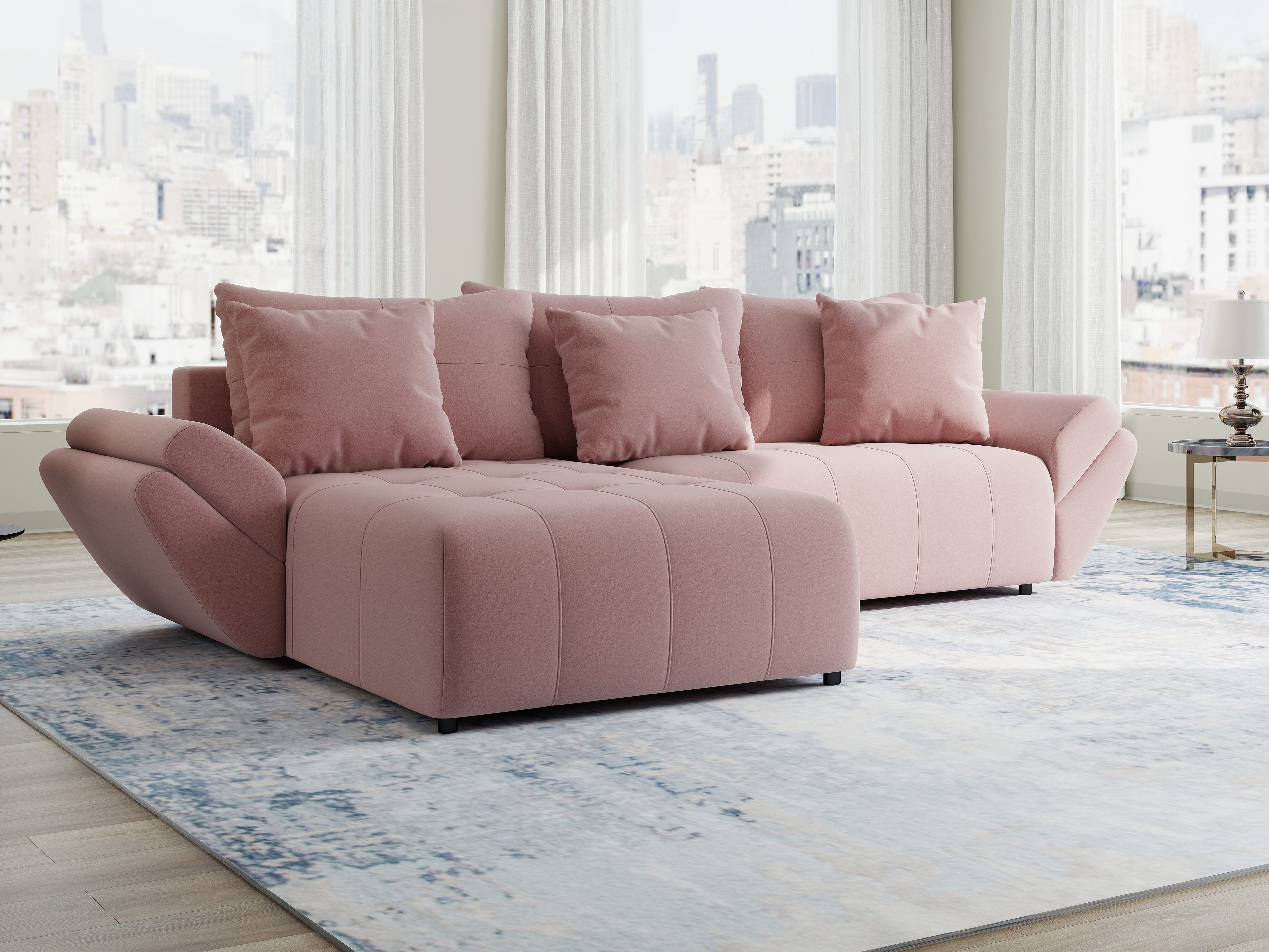 Colțar extensibil dumonde cu ladă de depozitare si sezut confortabil din spuma high-density, Berlin Royal Roz 280x185 cm
