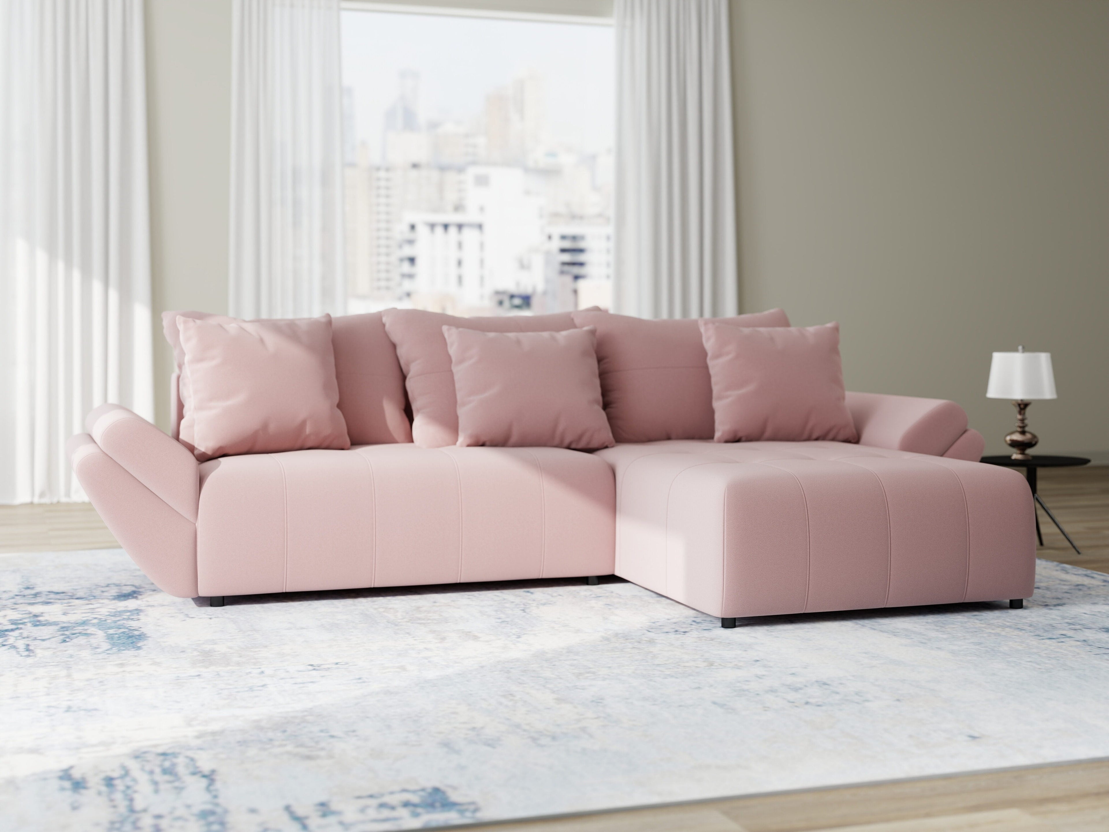 Colțar extensibil dumonde cu ladă de depozitare si sezut confortabil din spuma high-density, Berlin Royal Roz 280x185 cm II