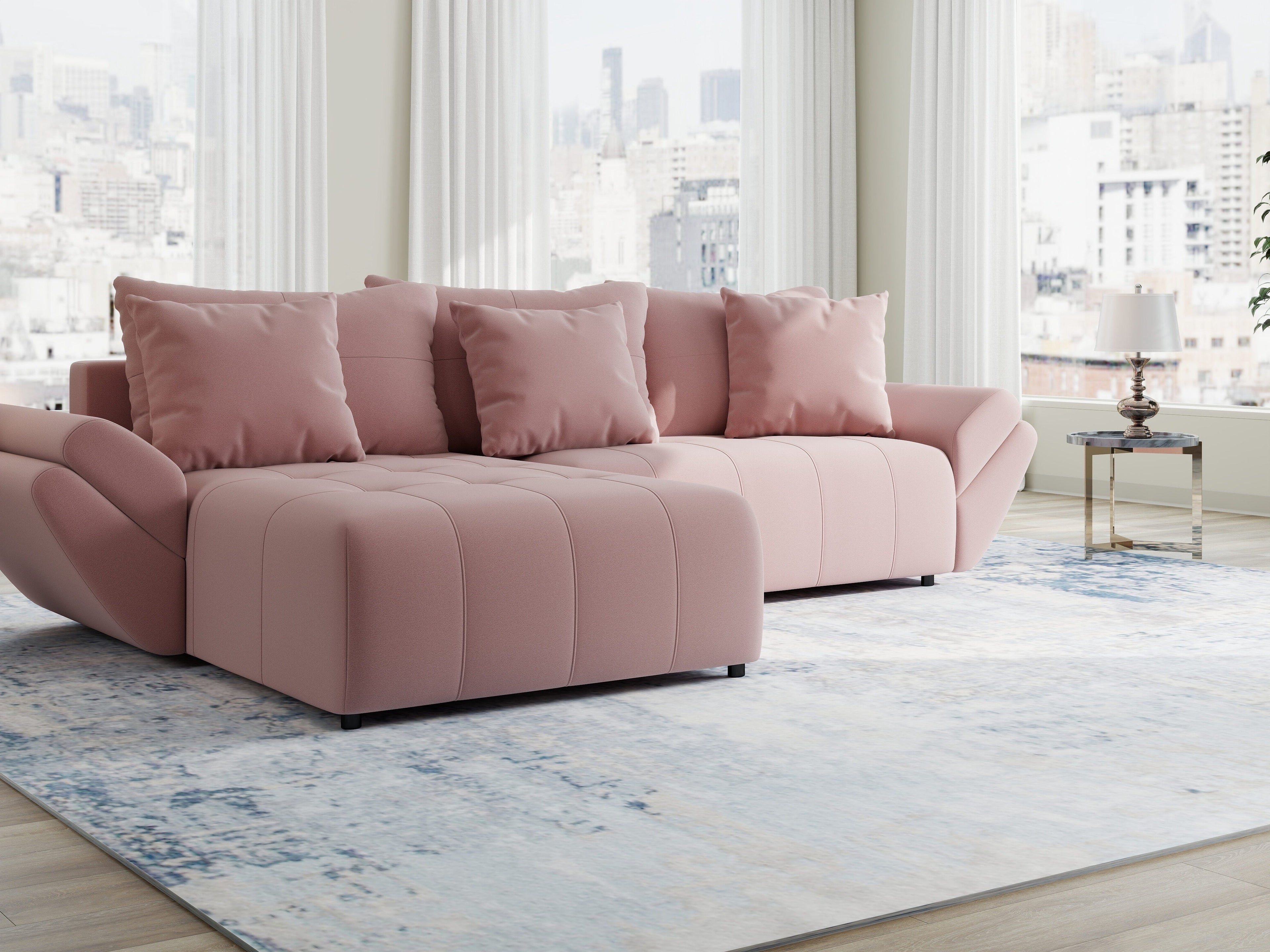 Colțar extensibil dumonde cu ladă de depozitare si sezut confortabil din spuma high-density, Berlin Royal Roz 280x185 cm