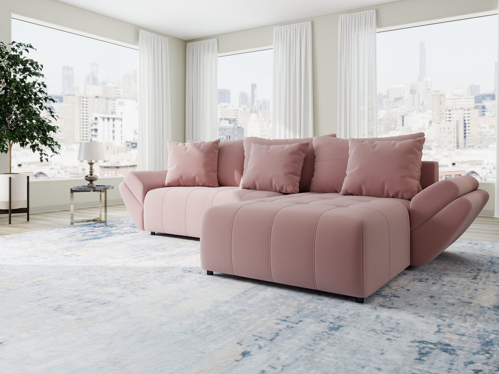 Colțar extensibil dumonde cu ladă de depozitare si sezut confortabil din spuma high-density, Berlin Royal Roz 280x185 cm II
