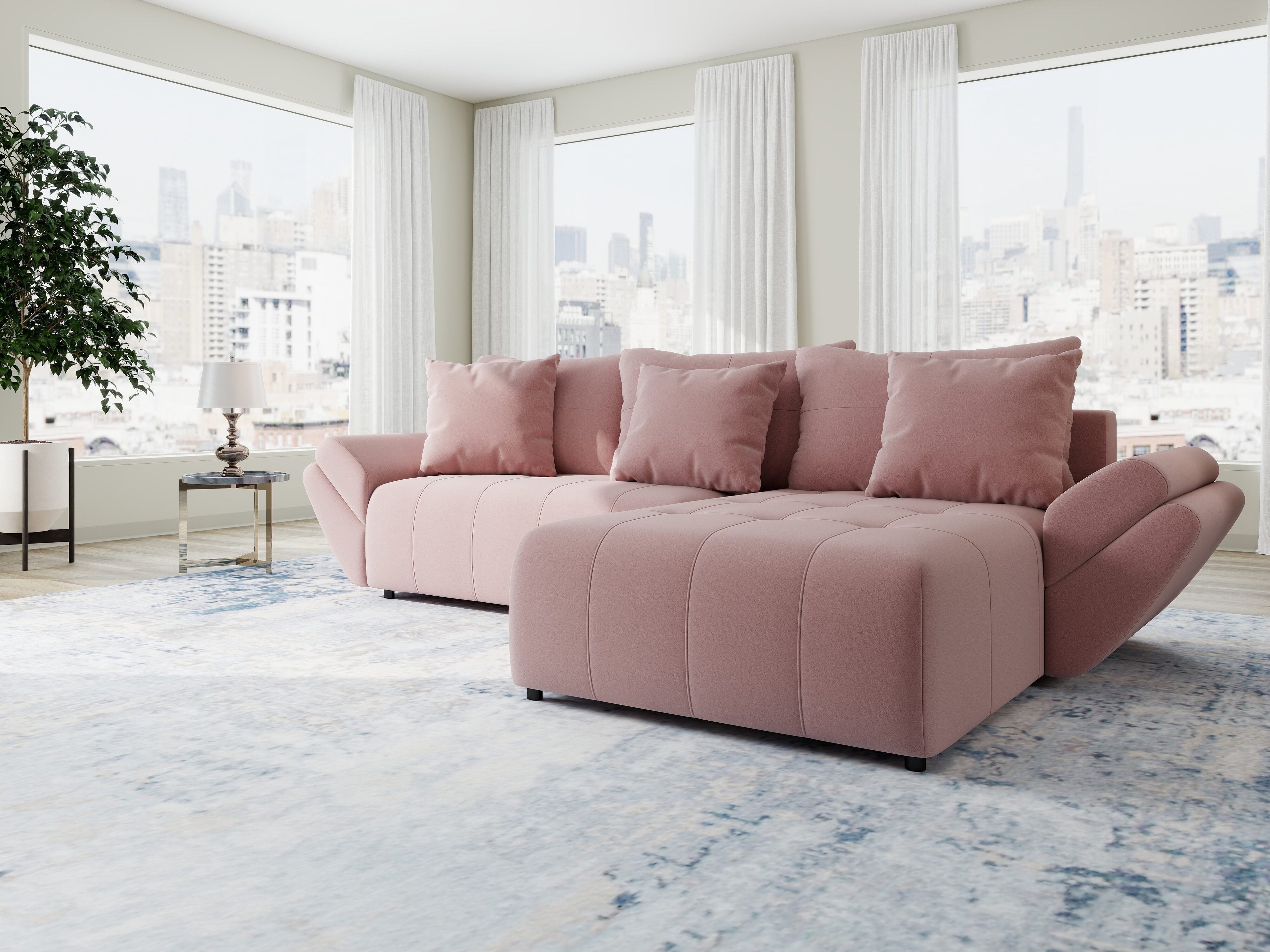 Colțar extensibil dumonde cu ladă de depozitare si sezut confortabil din spuma high-density, Berlin Royal Roz 280x185 cm II