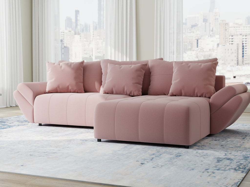 Colțar extensibil dumonde cu ladă de depozitare si sezut confortabil din spuma high-density, Berlin Royal Roz 280x185 cm II