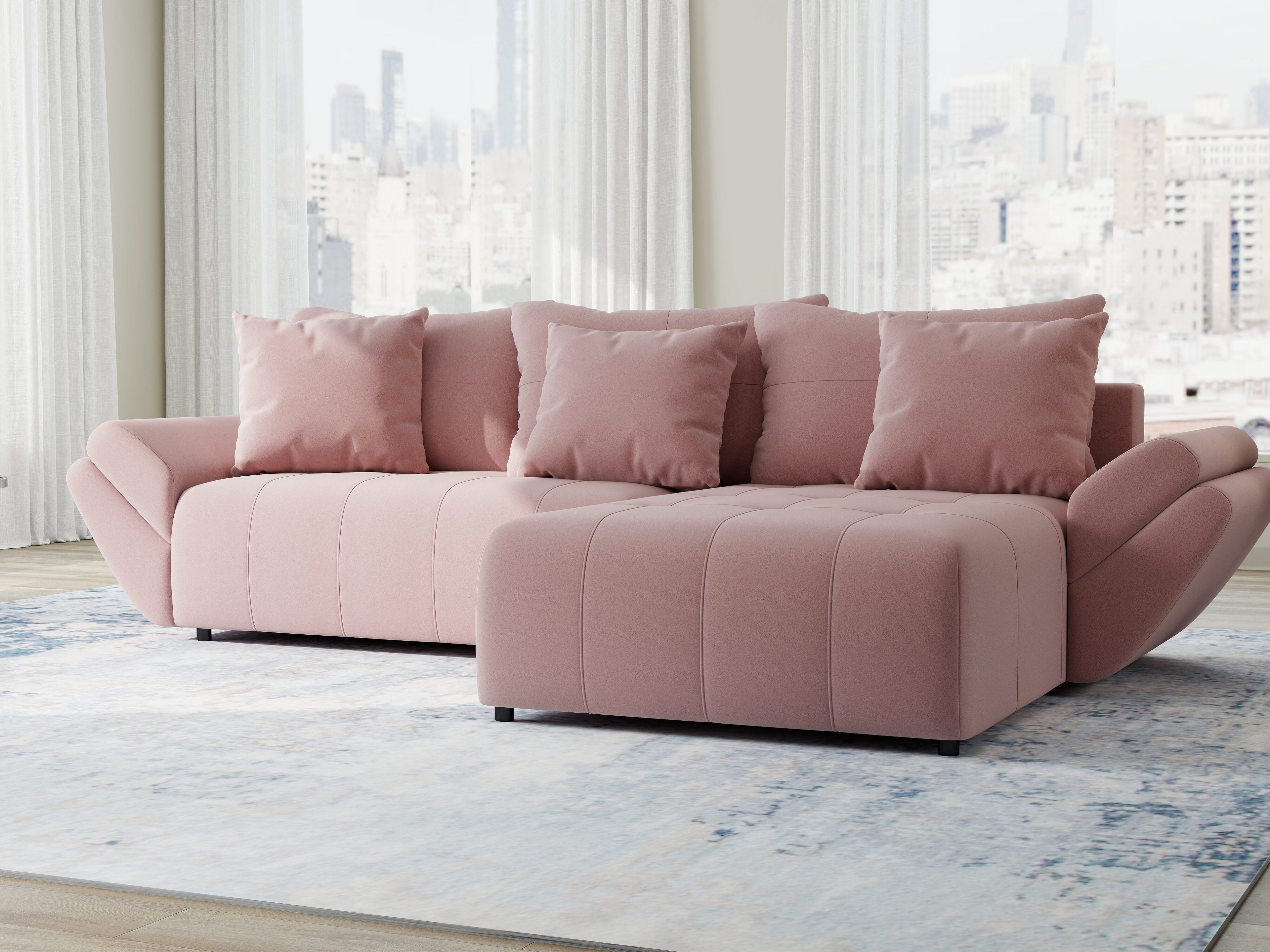 Colțar extensibil dumonde cu ladă de depozitare si sezut confortabil din spuma high-density, Berlin Royal Roz 280x185 cm II