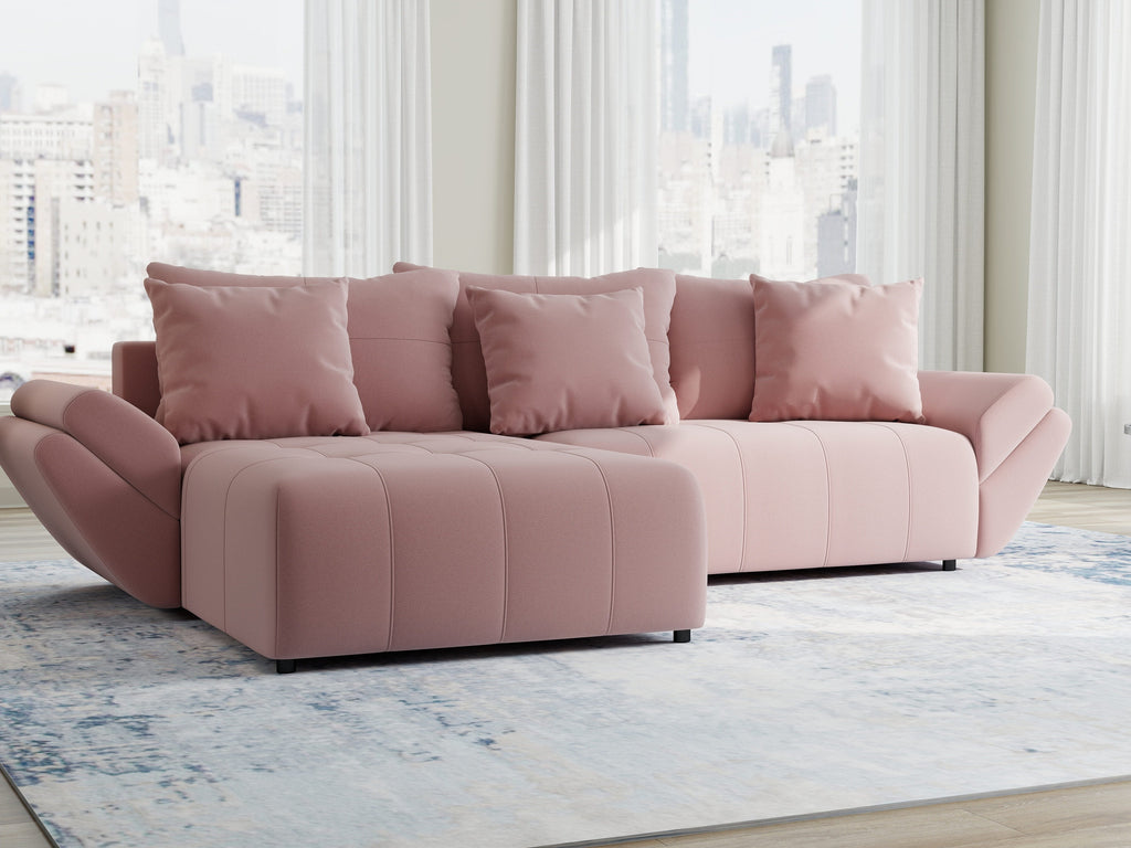 Colțar extensibil dumonde cu ladă de depozitare si sezut confortabil din spuma high-density, Berlin Royal Roz 280x185 cm