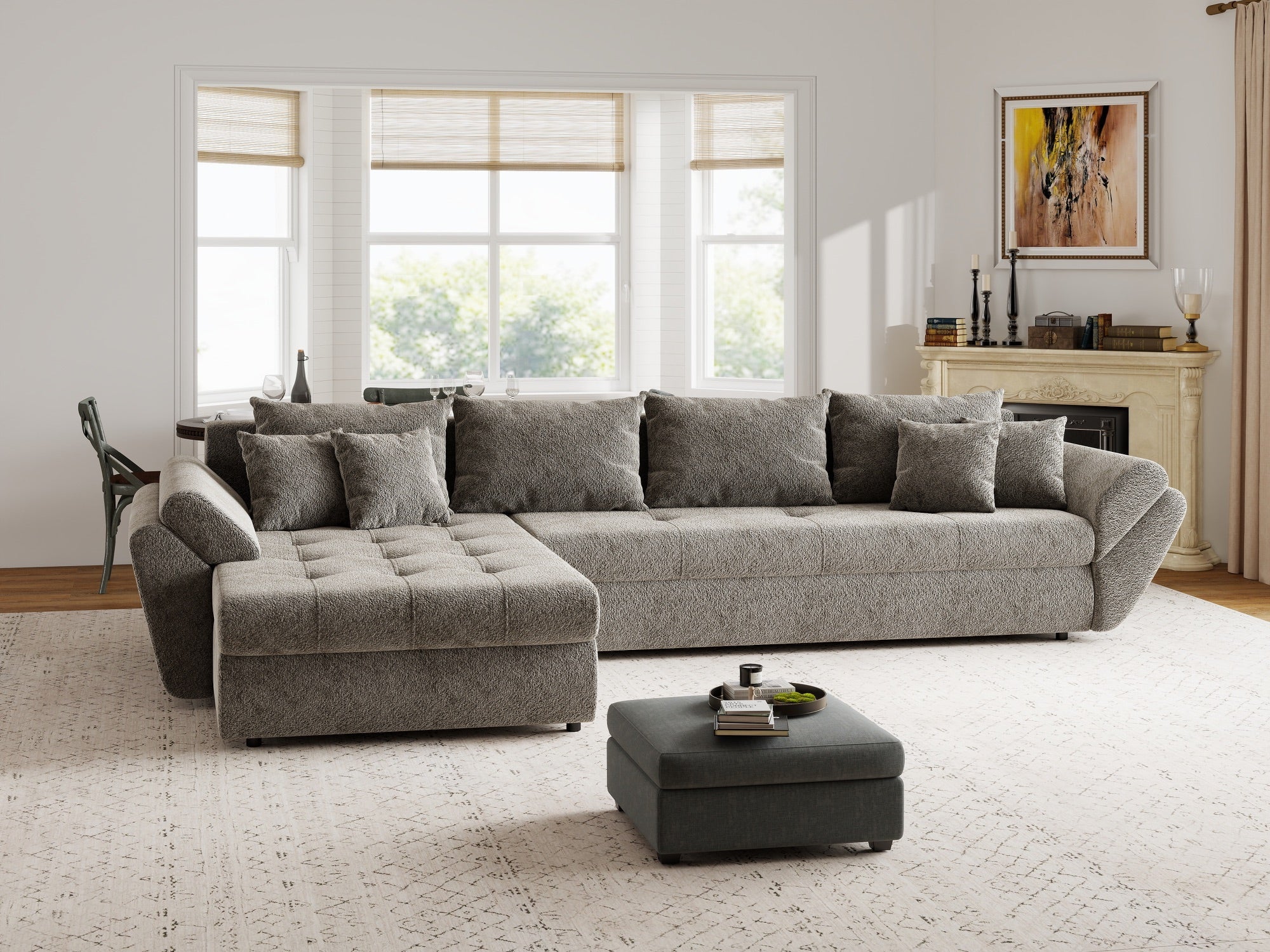 Colțar extensibil dumonde cu ladă de depozitare si sezut confortabil din spuma high-density, Loana XL Arena Taupe 335x185 cm