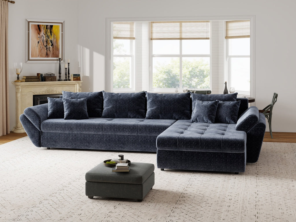 Colțar extensibil dumonde cu ladă de depozitare si sezut confortabil din spuma high-density, Loana XL Cremona Albastru II 335x185 cm