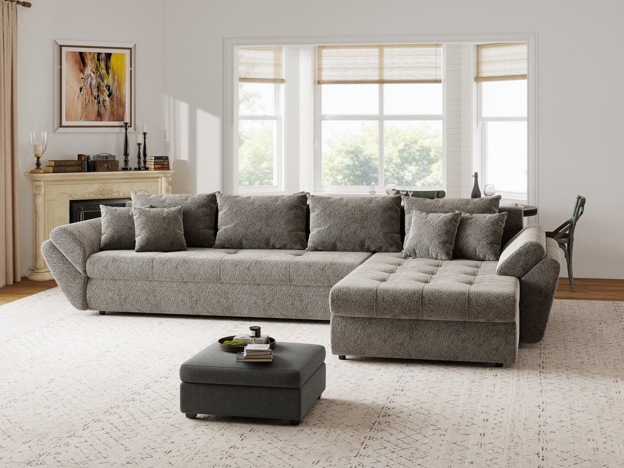 Colțar extensibil dumonde cu ladă de depozitare si sezut confortabil din spuma high-density, Loana XL Arena Taupe II 335x185 cm