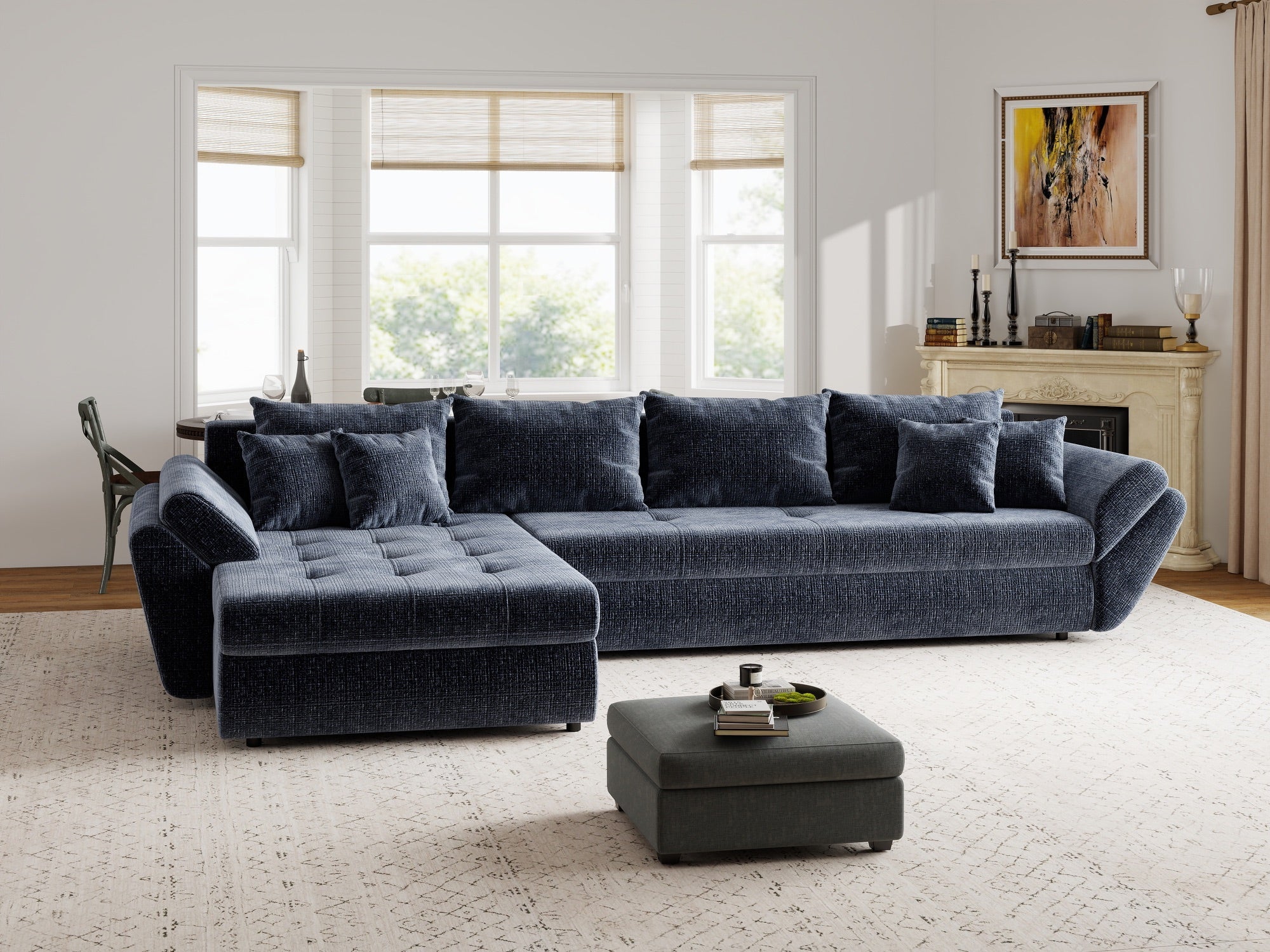 Colțar extensibil dumonde cu ladă de depozitare si sezut confortabil din spuma high-density, Loana XL Cremona Albastru 335x185 cm
