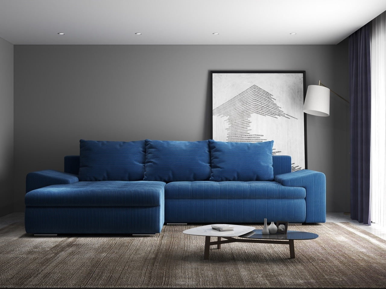 Colțar extensibil dumonde cu ladă de depozitare si sezut confortabil din spuma high-density, Leonardo Zoom Albastru 260x185 cm