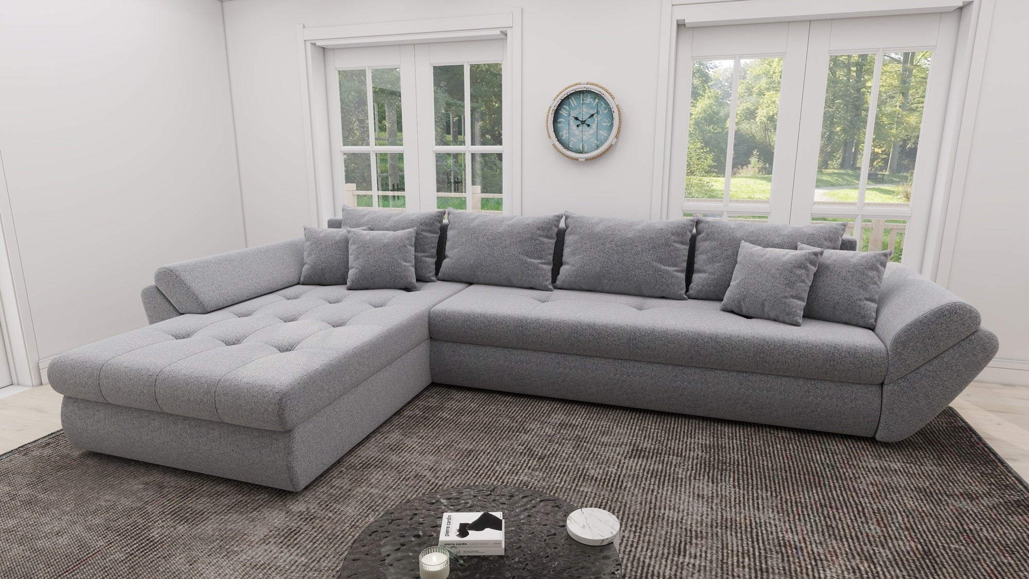 Colțar extensibil dumonde cu ladă de depozitare si sezut confortabil din spuma high-density, Loana XL Monte Gri 84 335x185 cm