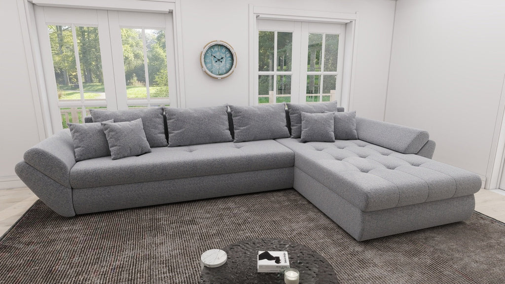 Colțar extensibil dumonde cu ladă de depozitare si sezut confortabil din spuma high-density, Loana XL Monte Gri 84 II 335x185 cm