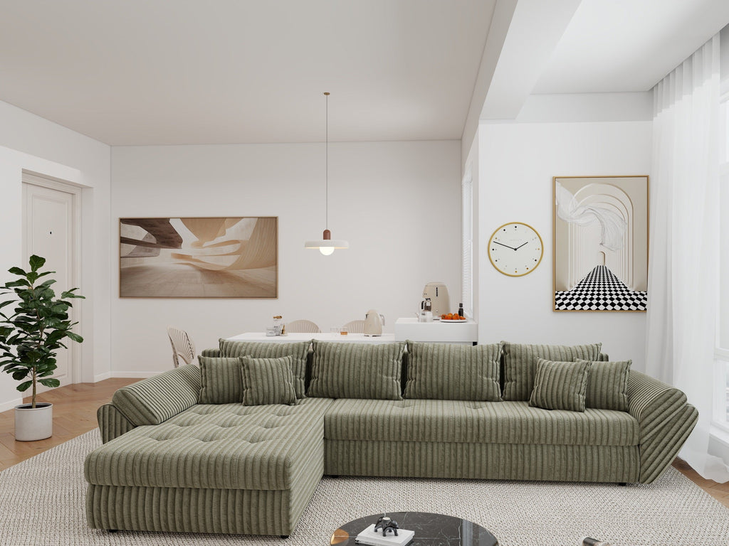 Colțar extensibil dumonde cu ladă de depozitare si sezut confortabil din spuma high-density, Loana XL Tilia Verde Olive 335x185 cm