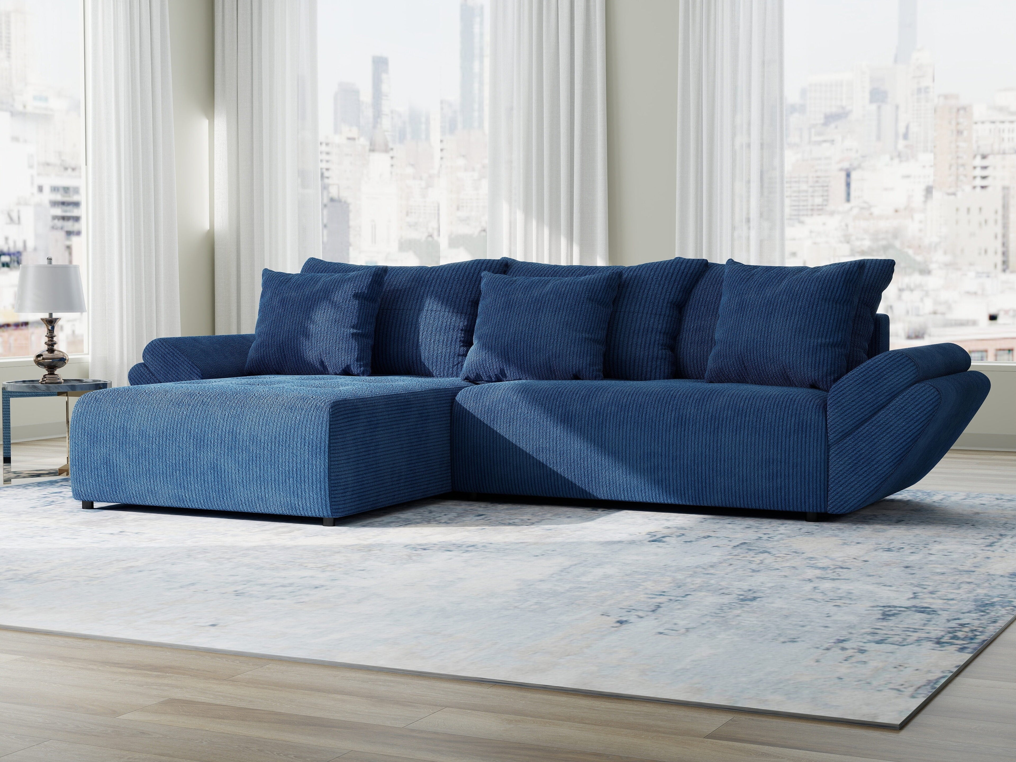 Colțar extensibil dumonde cu ladă de depozitare si sezut confortabil din spuma high-density, Berlin Zoom Albastru 280x185 cm