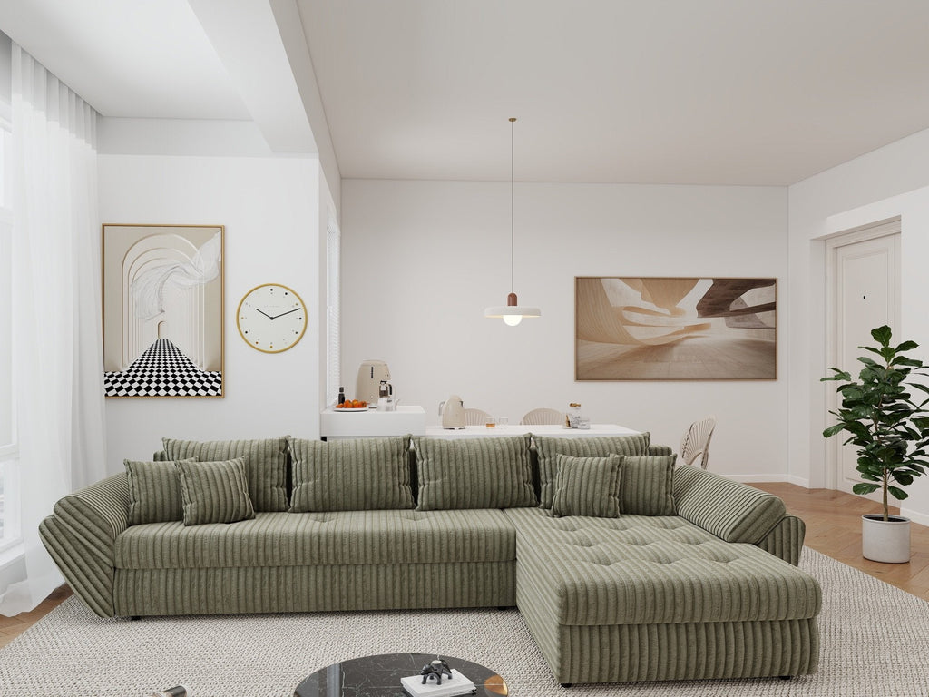 Colțar extensibil dumonde cu ladă de depozitare si sezut confortabil din spuma high-density, Loana XL Tilia Verde Olive II 335x185 cm