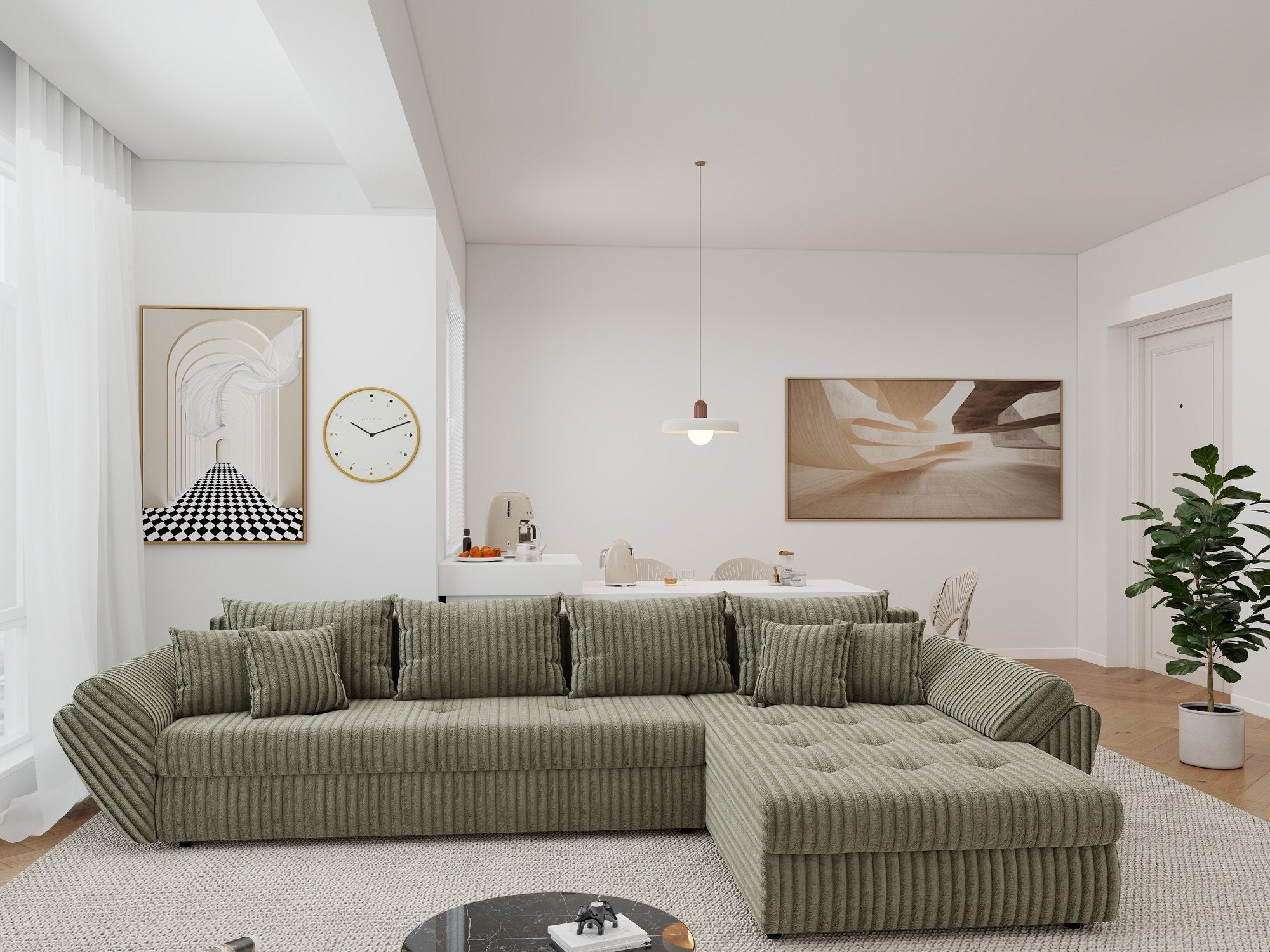 Colțar extensibil dumonde cu ladă de depozitare si sezut confortabil din spuma high-density, Loana XL Tilia Verde Olive II 335x185 cm