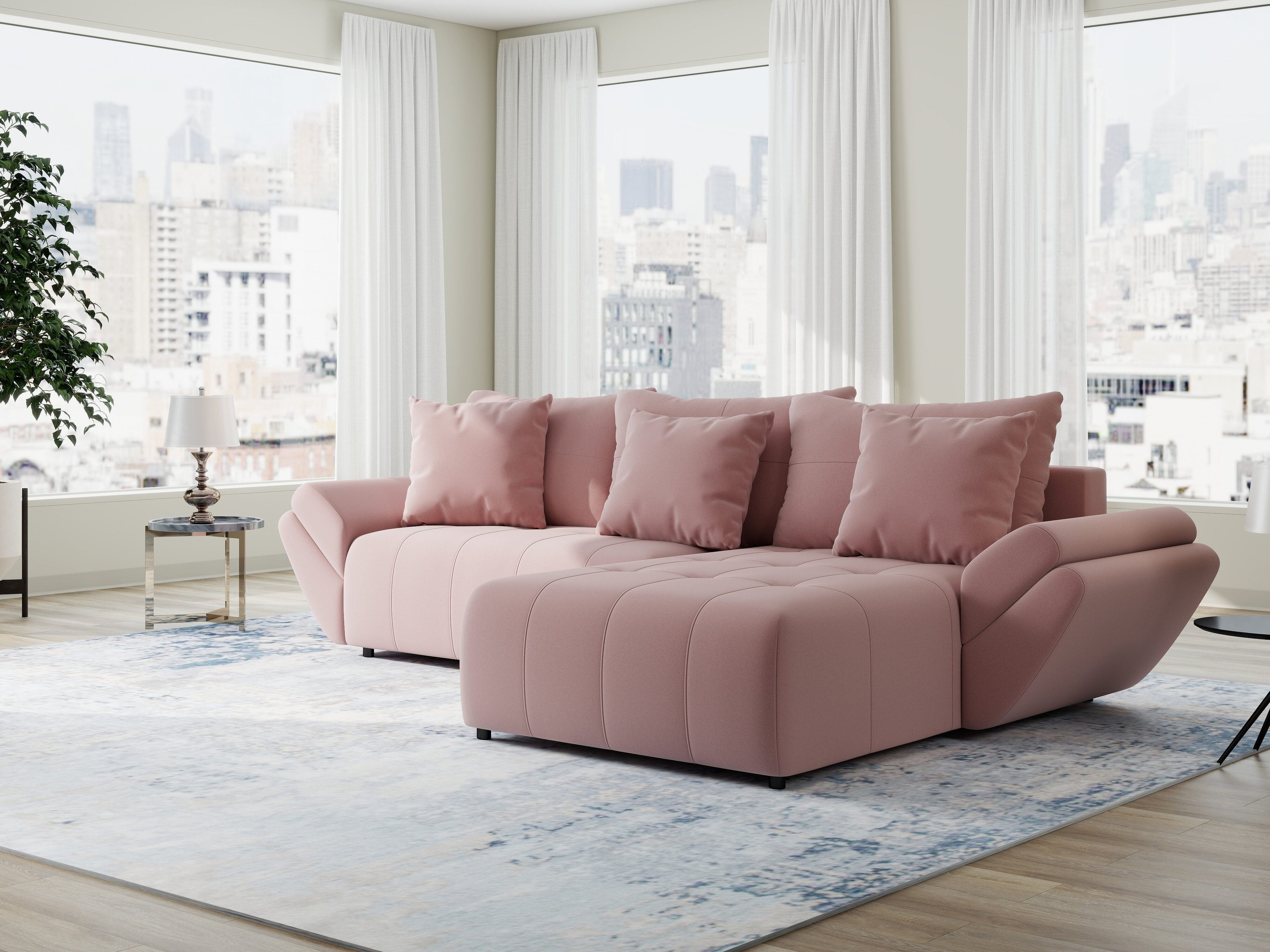Colțar extensibil dumonde cu ladă de depozitare si sezut confortabil din spuma high-density, Berlin Royal Roz 280x185 cm II