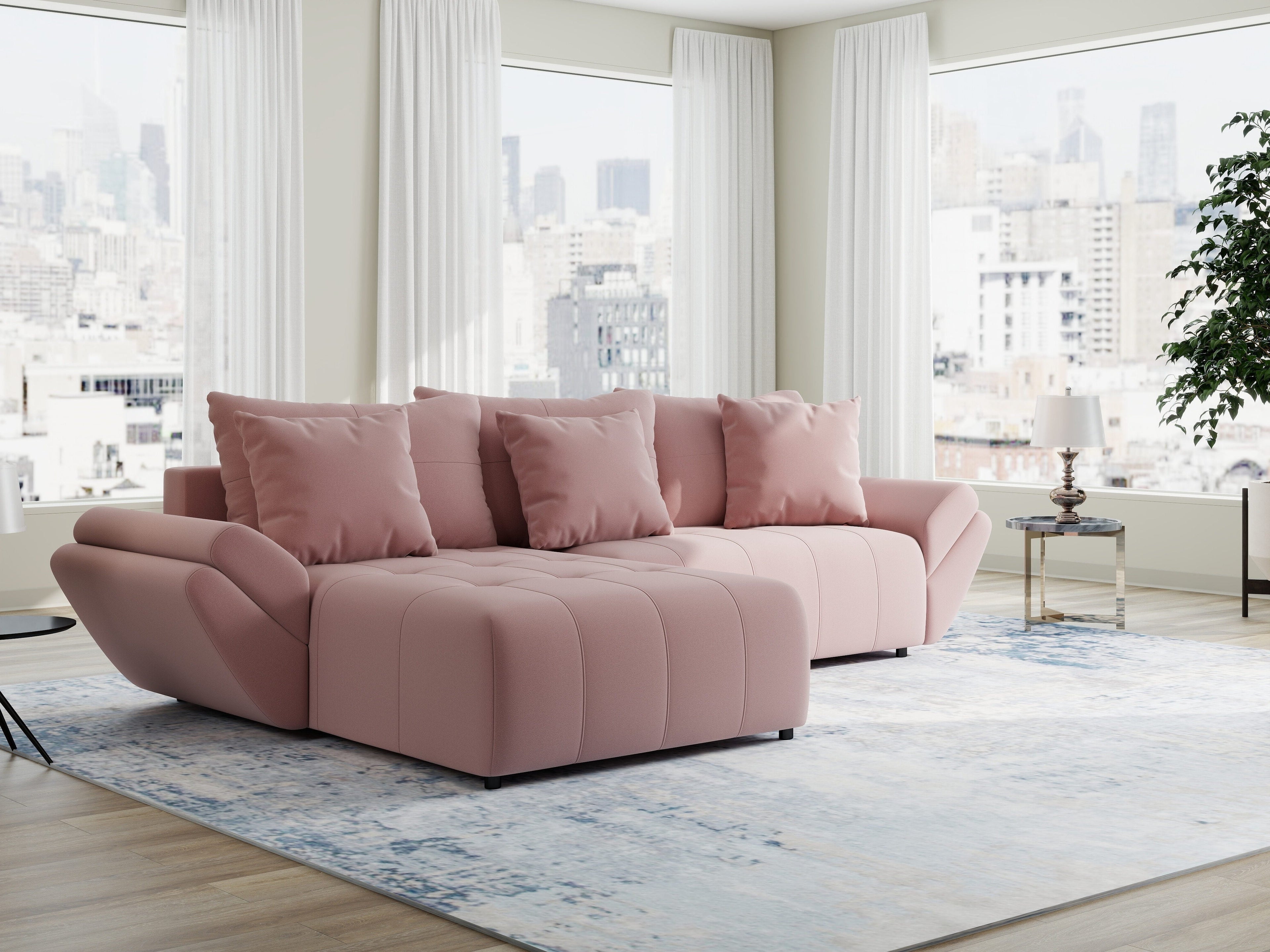 Colțar extensibil dumonde cu ladă de depozitare si sezut confortabil din spuma high-density, Berlin Royal Roz 280x185 cm