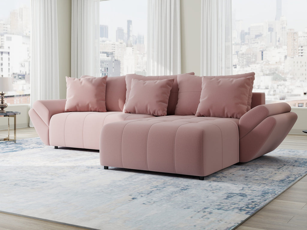 Colțar extensibil dumonde cu ladă de depozitare si sezut confortabil din spuma high-density, Berlin Royal Roz 280x185 cm II