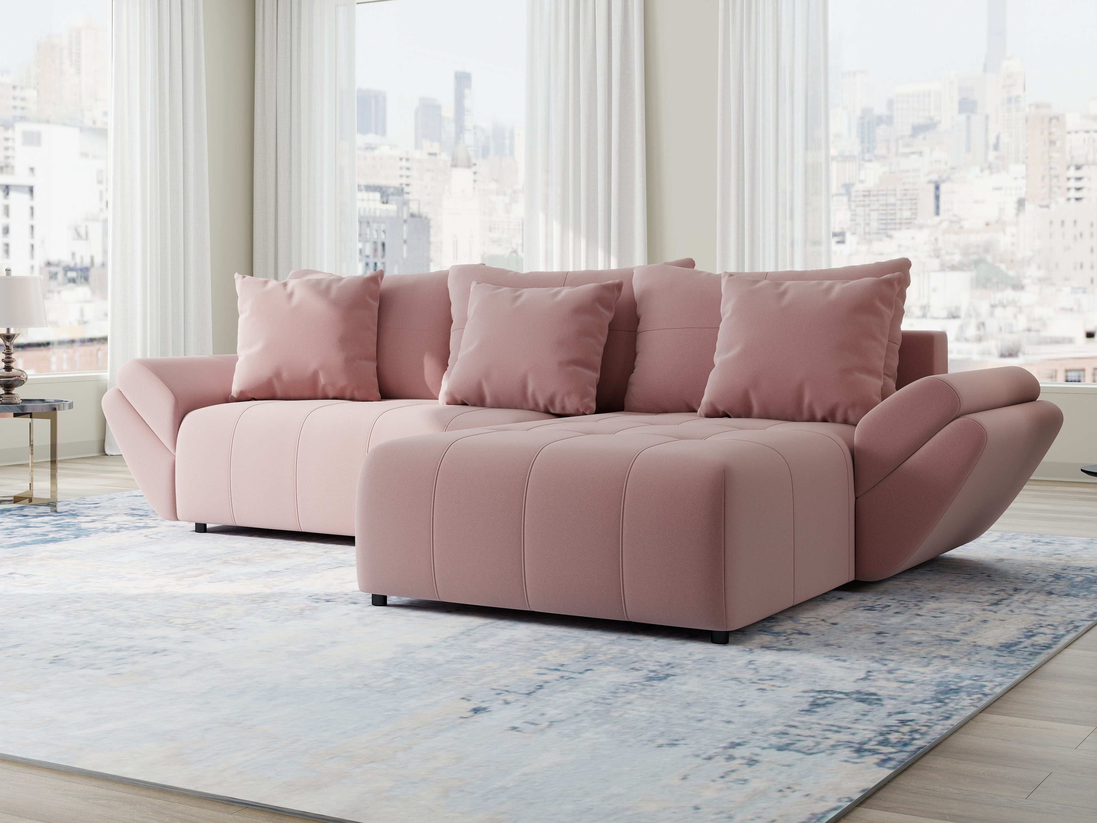 Colțar extensibil dumonde cu ladă de depozitare si sezut confortabil din spuma high-density, Berlin Royal Roz 280x185 cm II