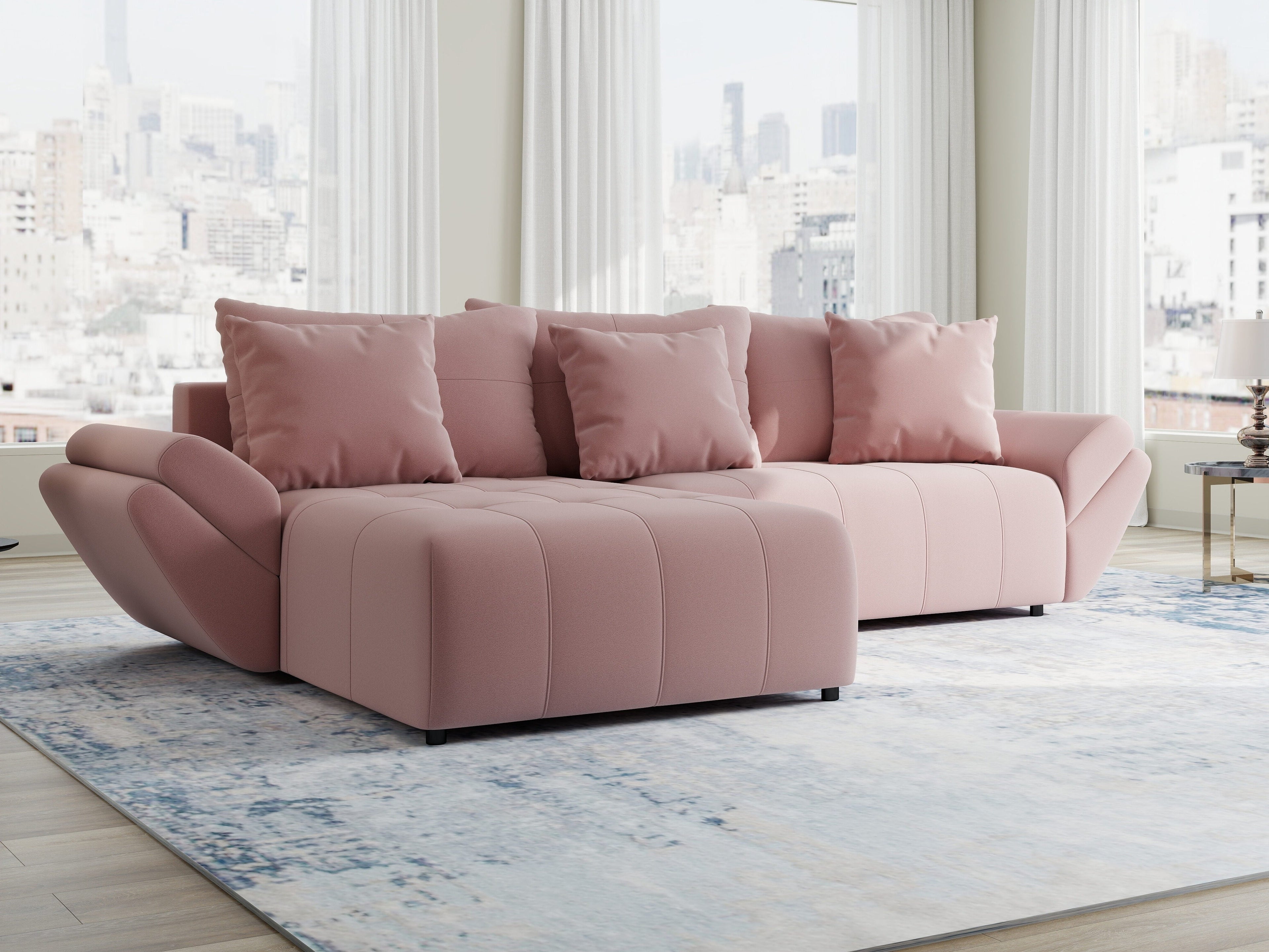 Colțar extensibil dumonde cu ladă de depozitare si sezut confortabil din spuma high-density, Berlin Royal Roz 280x185 cm