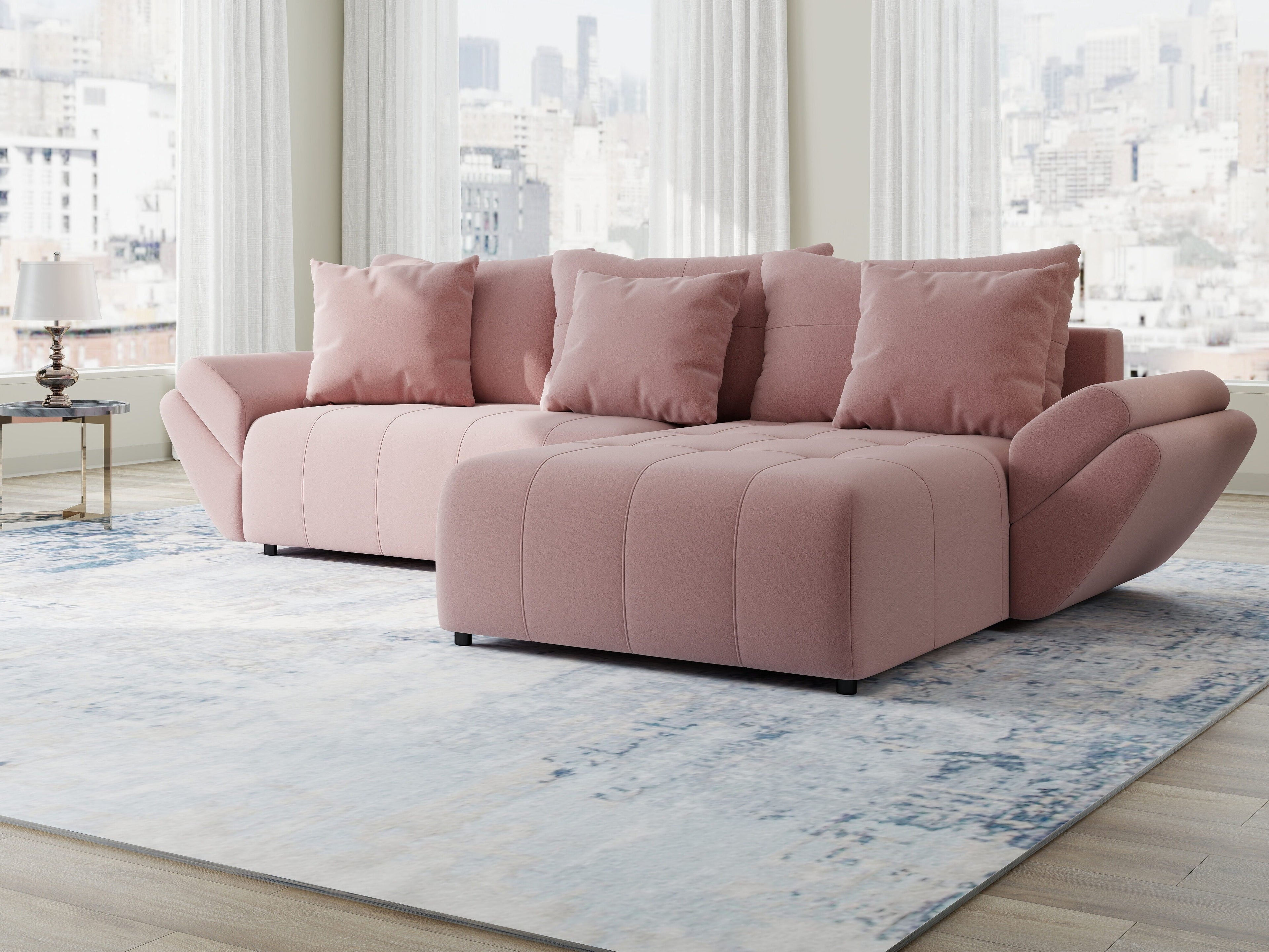 Colțar extensibil dumonde cu ladă de depozitare si sezut confortabil din spuma high-density, Berlin Royal Roz 280x185 cm II