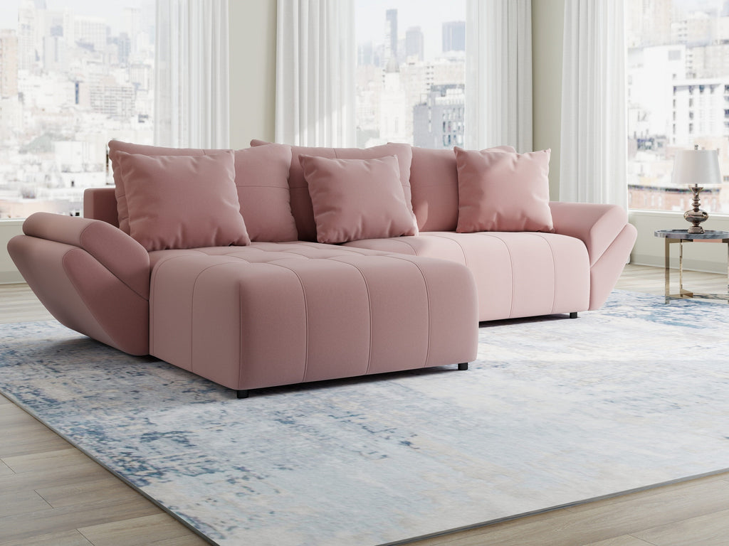 Colțar extensibil dumonde cu ladă de depozitare si sezut confortabil din spuma high-density, Berlin Royal Roz 280x185 cm