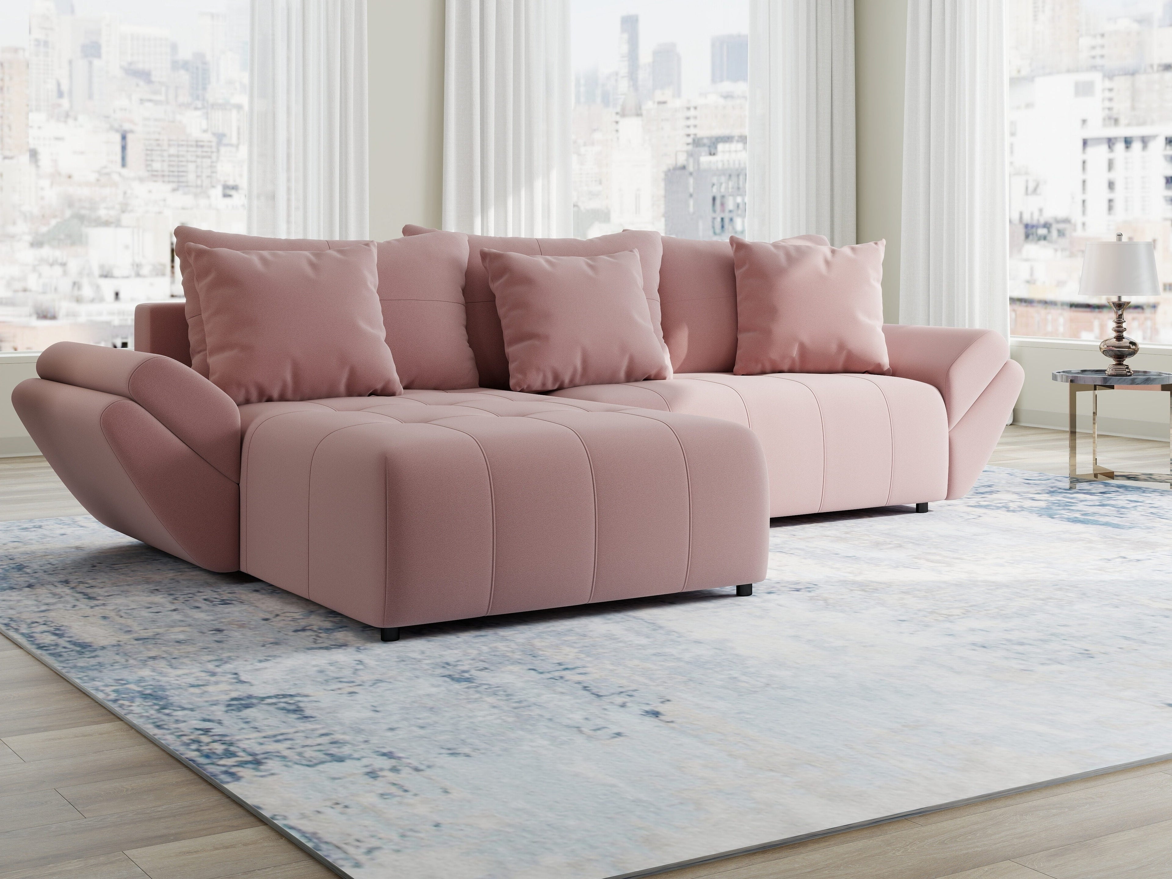 Colțar extensibil dumonde cu ladă de depozitare si sezut confortabil din spuma high-density, Berlin Royal Roz 280x185 cm
