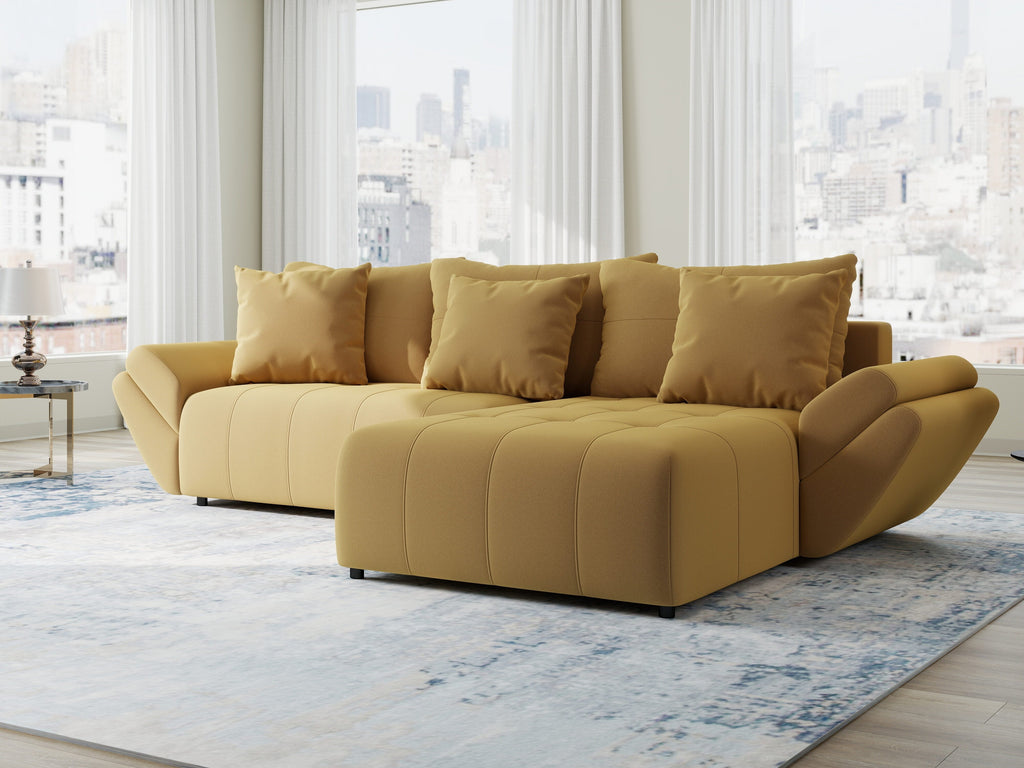 Colțar extensibil dumonde cu ladă de depozitare si sezut confortabil din spuma high-density, Berlin Royal Galben Mustar 280x185 cm II