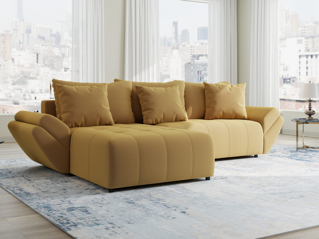 Colțar extensibil dumonde cu ladă de depozitare si sezut confortabil din spuma high-density, Berlin Royal Galben Mustar 280x185 cm