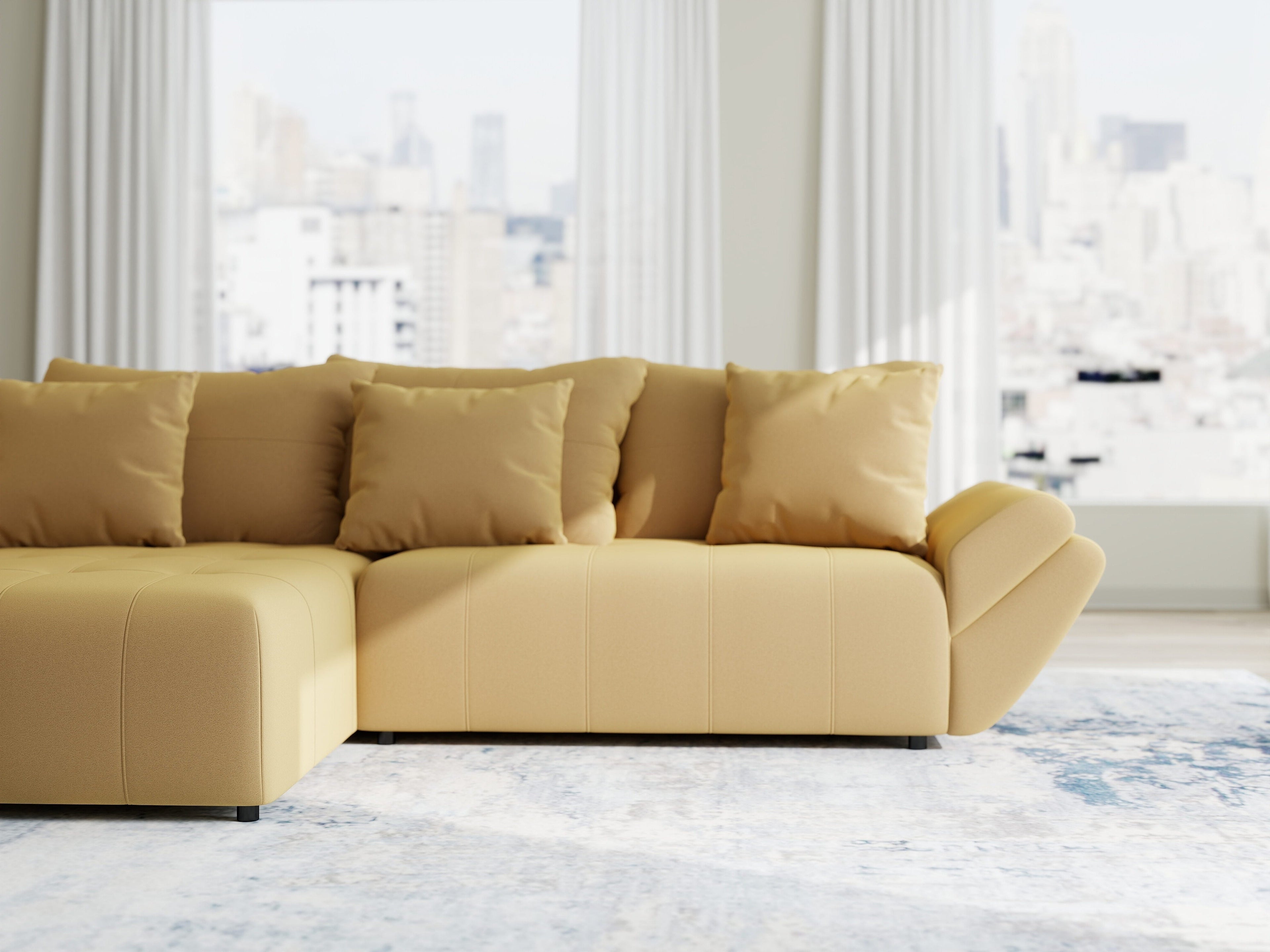 Colțar extensibil dumonde cu ladă de depozitare si sezut confortabil din spuma high-density, Berlin Royal Galben Mustar 280x185 cm