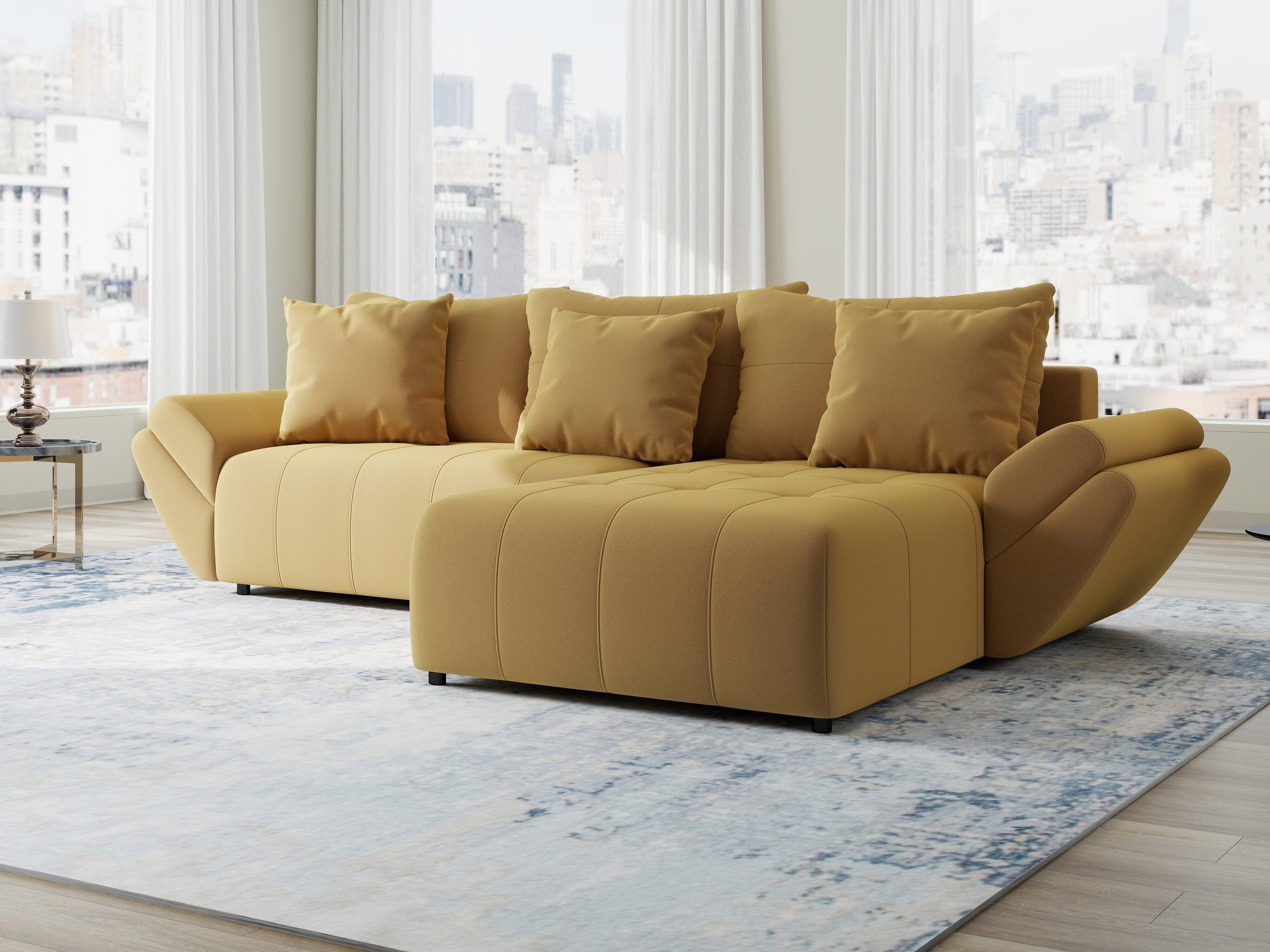 Colțar extensibil dumonde cu ladă de depozitare si sezut confortabil din spuma high-density, Berlin Royal Galben Mustar 280x185 cm II