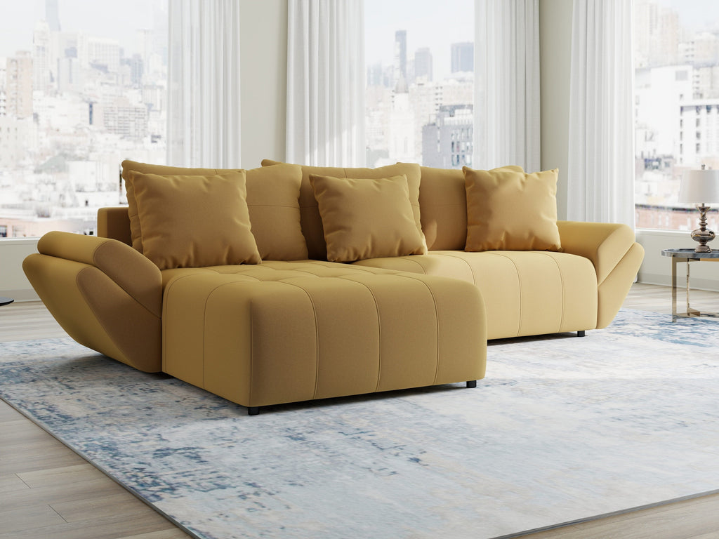 Colțar extensibil dumonde cu ladă de depozitare si sezut confortabil din spuma high-density, Berlin Royal Galben Mustar 280x185 cm