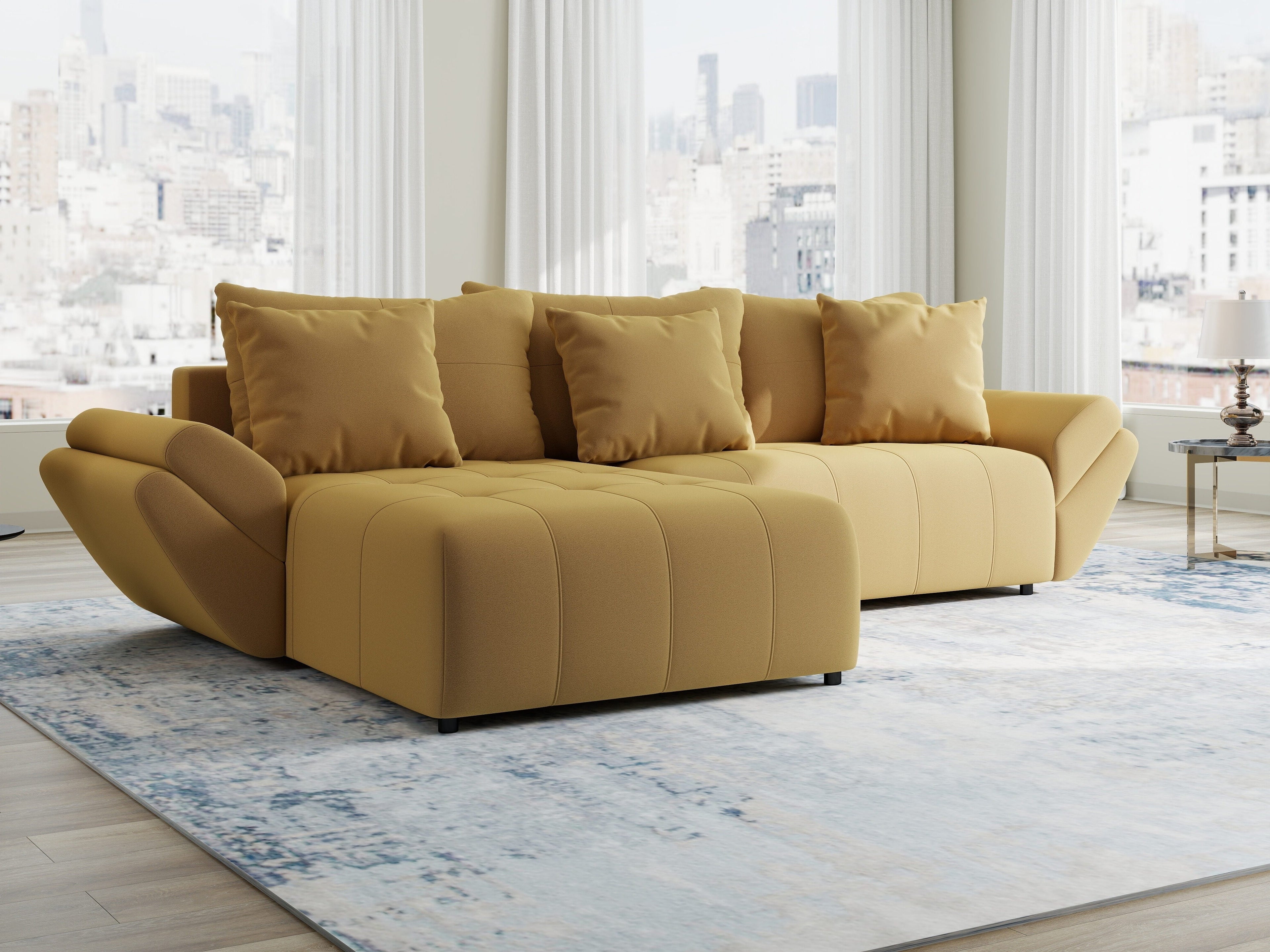 Colțar extensibil dumonde cu ladă de depozitare si sezut confortabil din spuma high-density, Berlin Royal Galben Mustar 280x185 cm