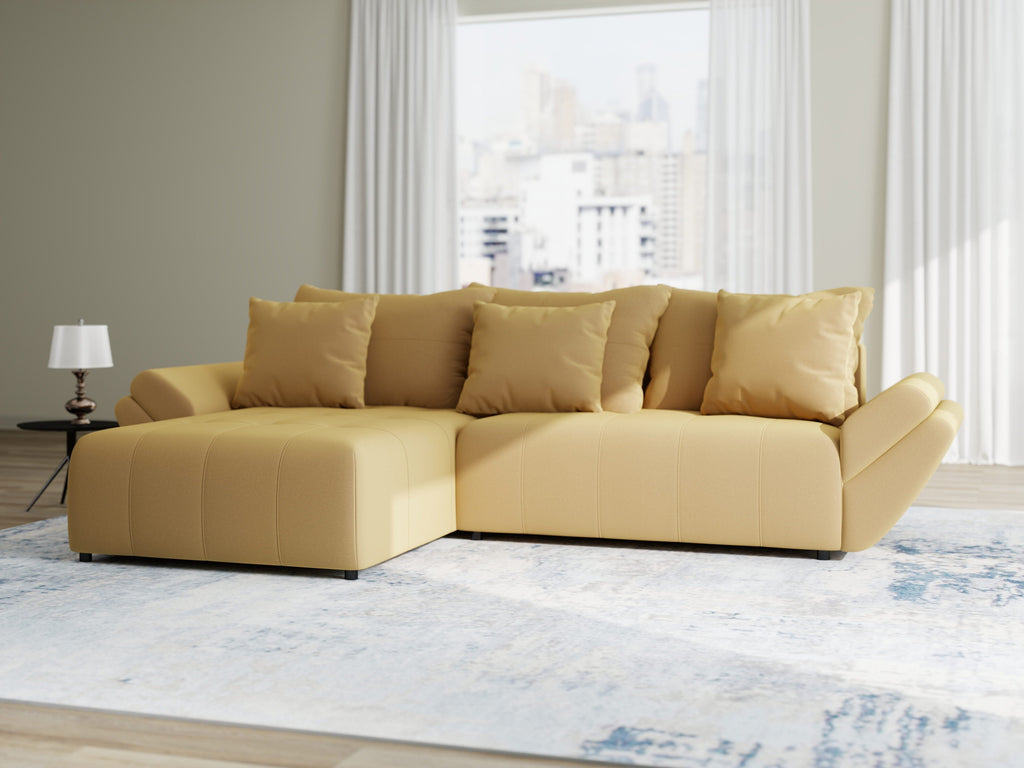 Colțar extensibil dumonde cu ladă de depozitare si sezut confortabil din spuma high-density, Berlin Royal Galben Mustar 280x185 cm