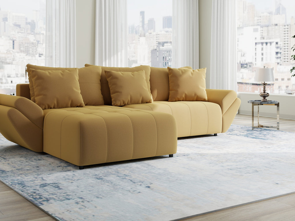 Colțar extensibil dumonde cu ladă de depozitare si sezut confortabil din spuma high-density, Berlin Royal Galben Mustar 280x185 cm
