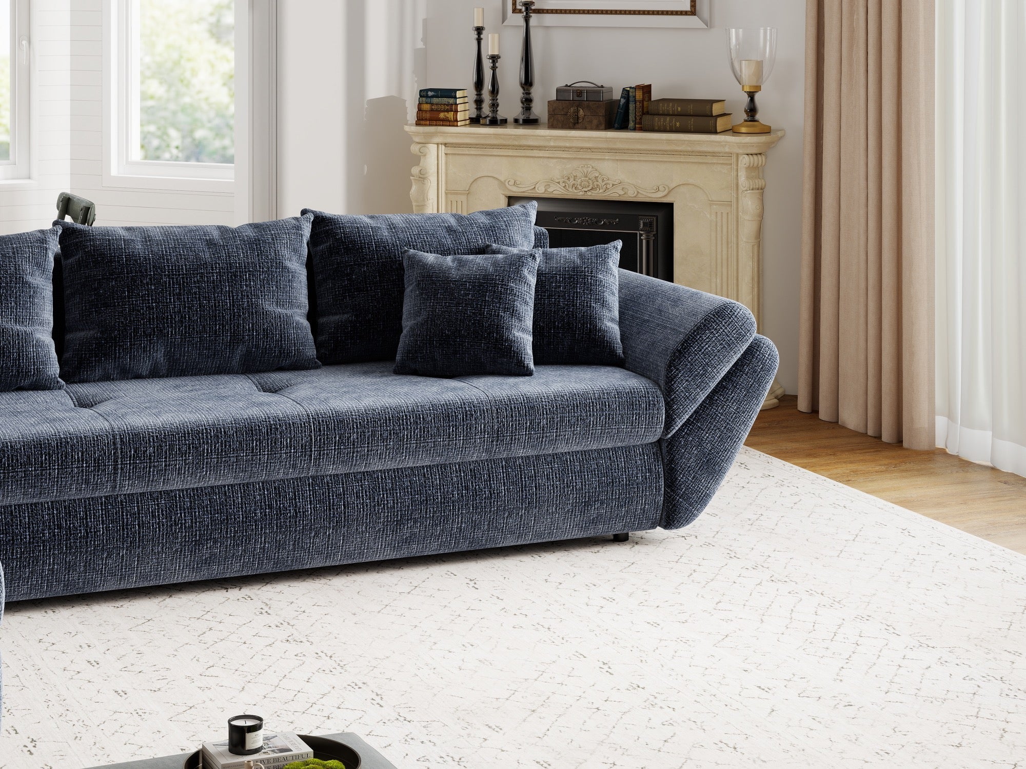Colțar extensibil dumonde cu ladă de depozitare si sezut confortabil din spuma high-density, Loana XL Cremona Albastru 335x185 cm