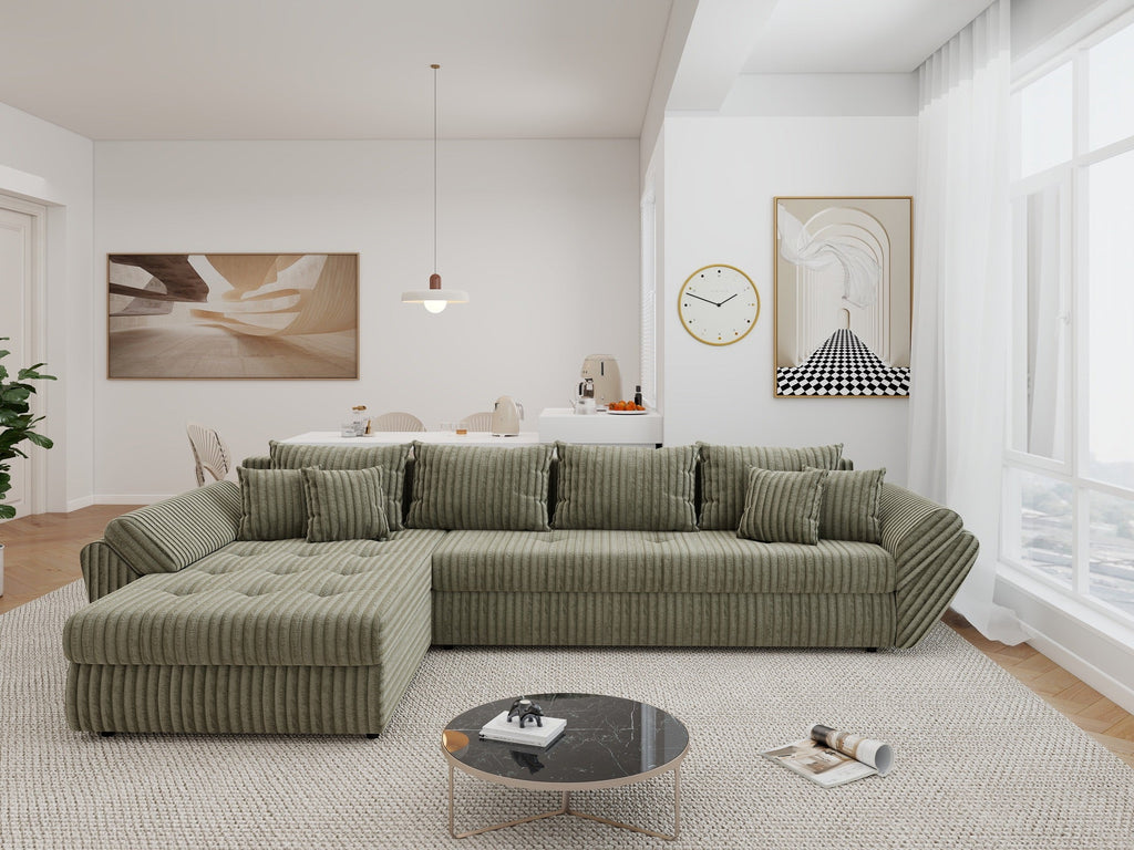 Colțar extensibil dumonde cu ladă de depozitare si sezut confortabil din spuma high-density, Loana XL Tilia Verde Olive 335x185 cm