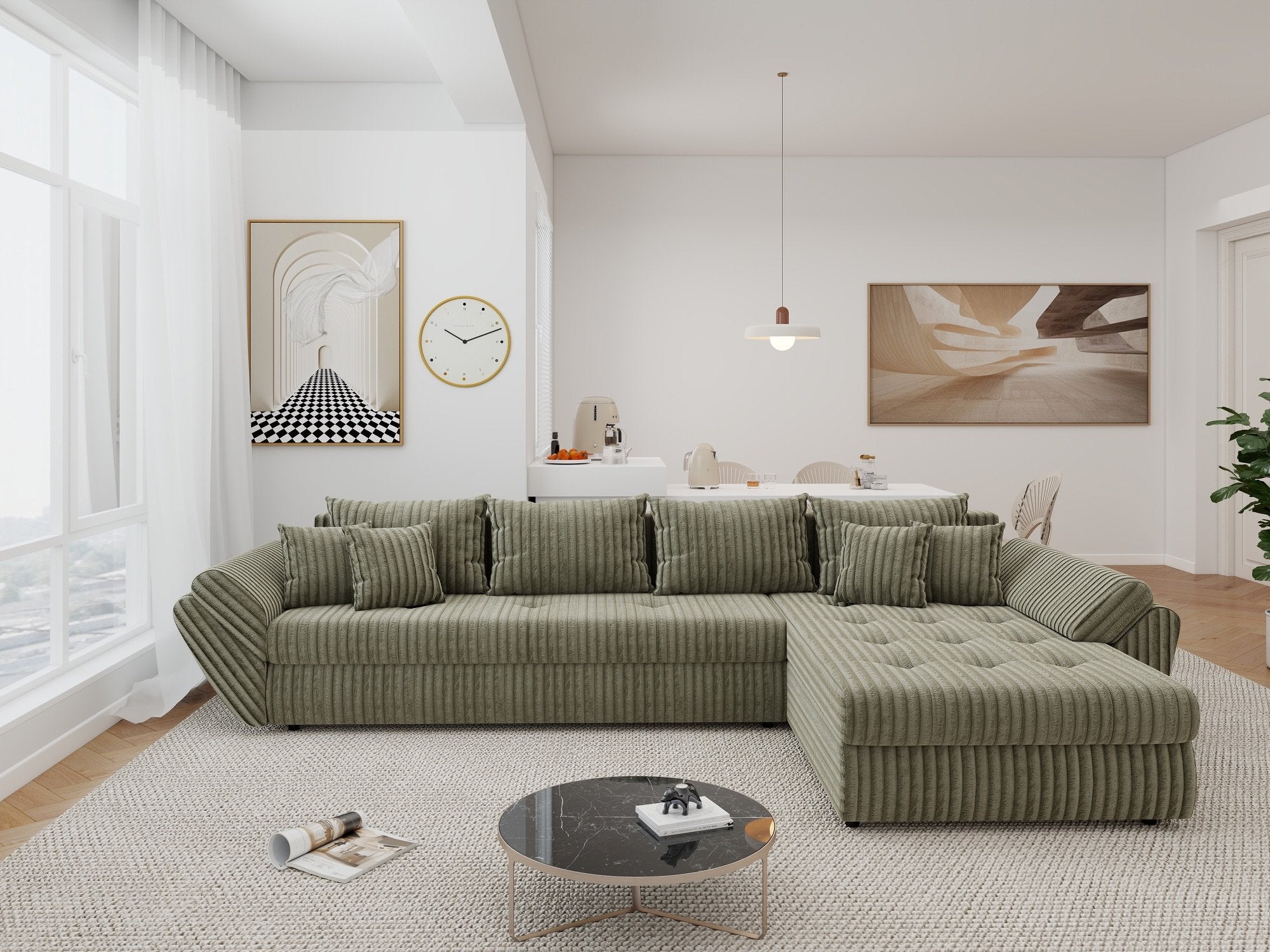 Colțar extensibil dumonde cu ladă de depozitare si sezut confortabil din spuma high-density, Loana XL Tilia Verde Olive II 335x185 cm