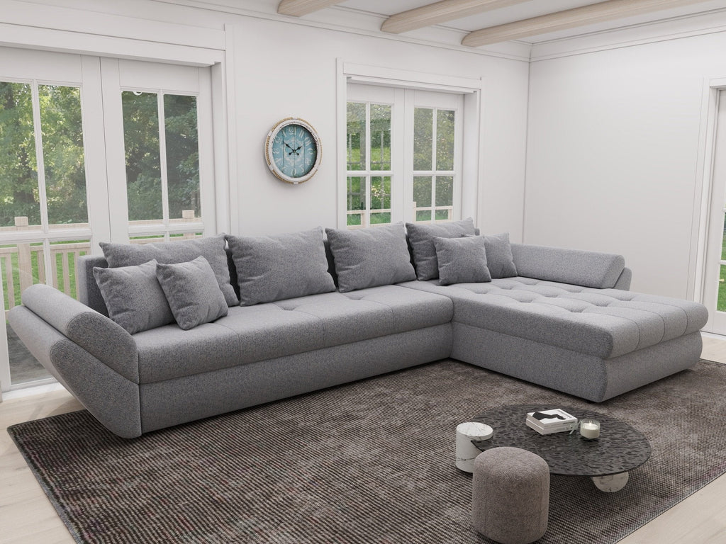 Colțar extensibil dumonde cu ladă de depozitare si sezut confortabil din spuma high-density, Loana XL Monte Gri 84 II 335x185 cm