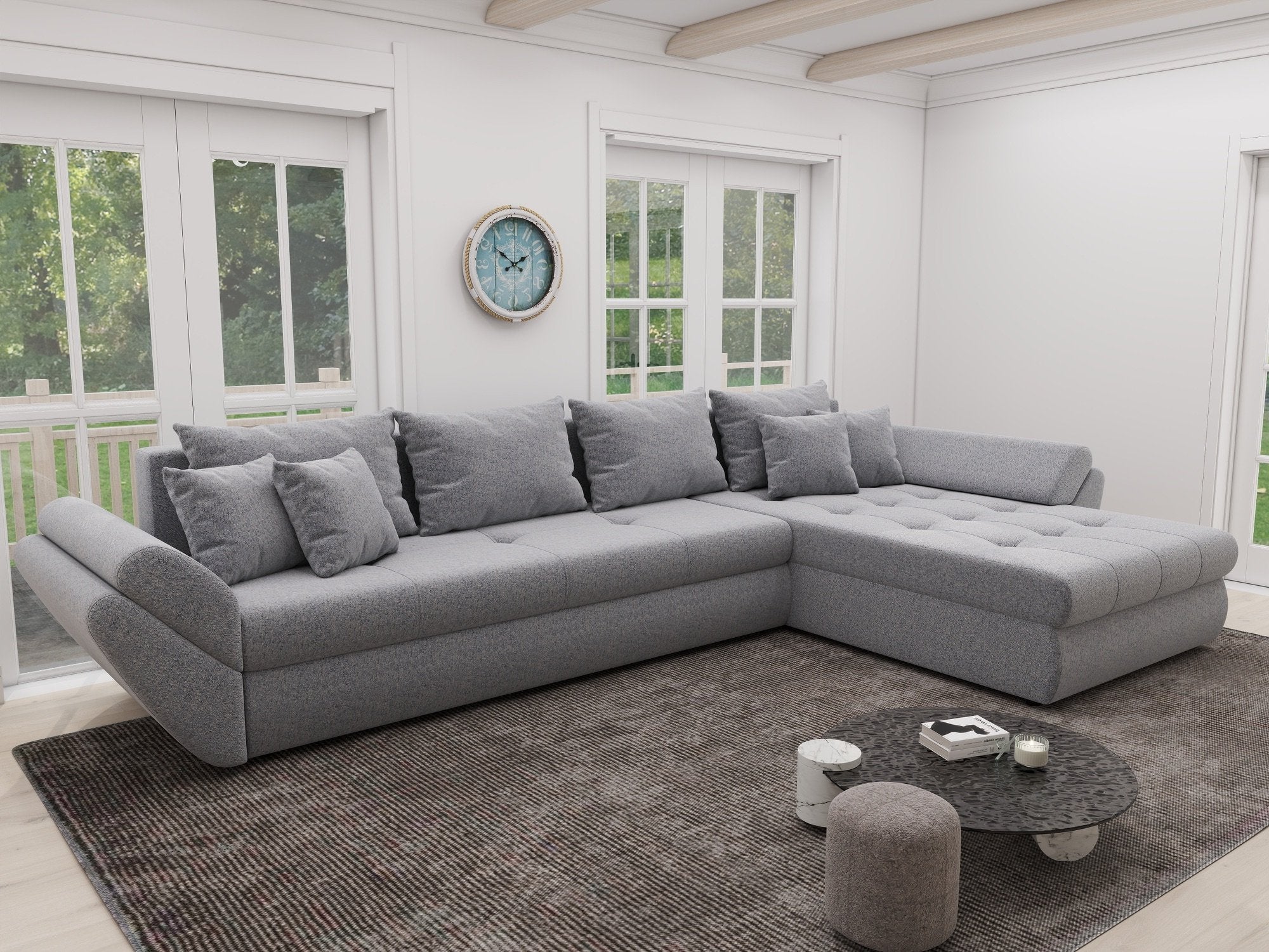 Colțar extensibil dumonde cu ladă de depozitare si sezut confortabil din spuma high-density, Loana XL Monte Gri 84 II 335x185 cm