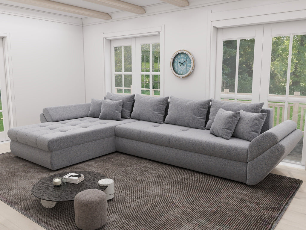 Colțar extensibil dumonde cu ladă de depozitare si sezut confortabil din spuma high-density, Loana XL Monte Gri 84 335x185 cm
