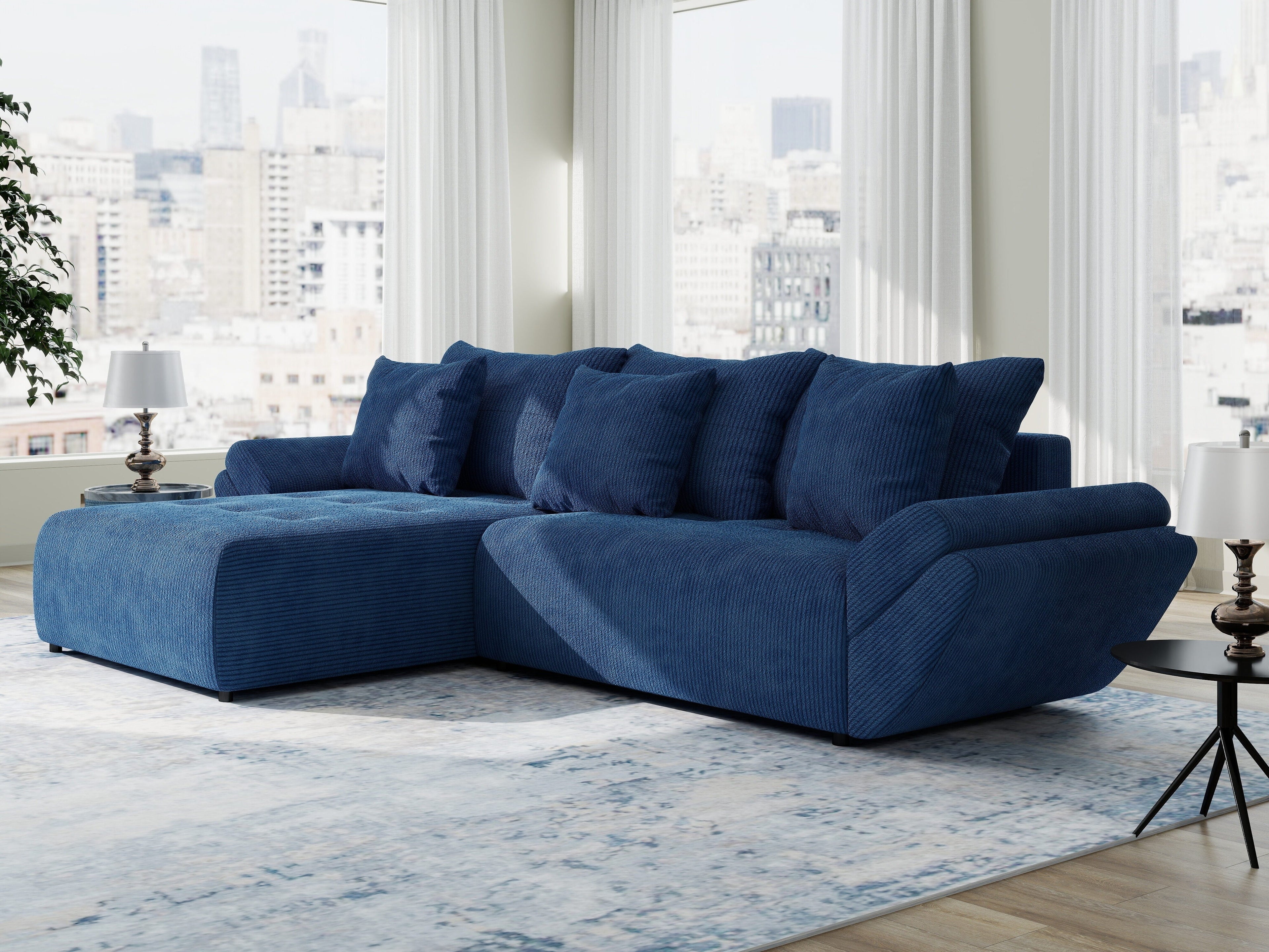 Colțar extensibil dumonde cu ladă de depozitare si sezut confortabil din spuma high-density, Berlin Zoom Albastru 280x185 cm